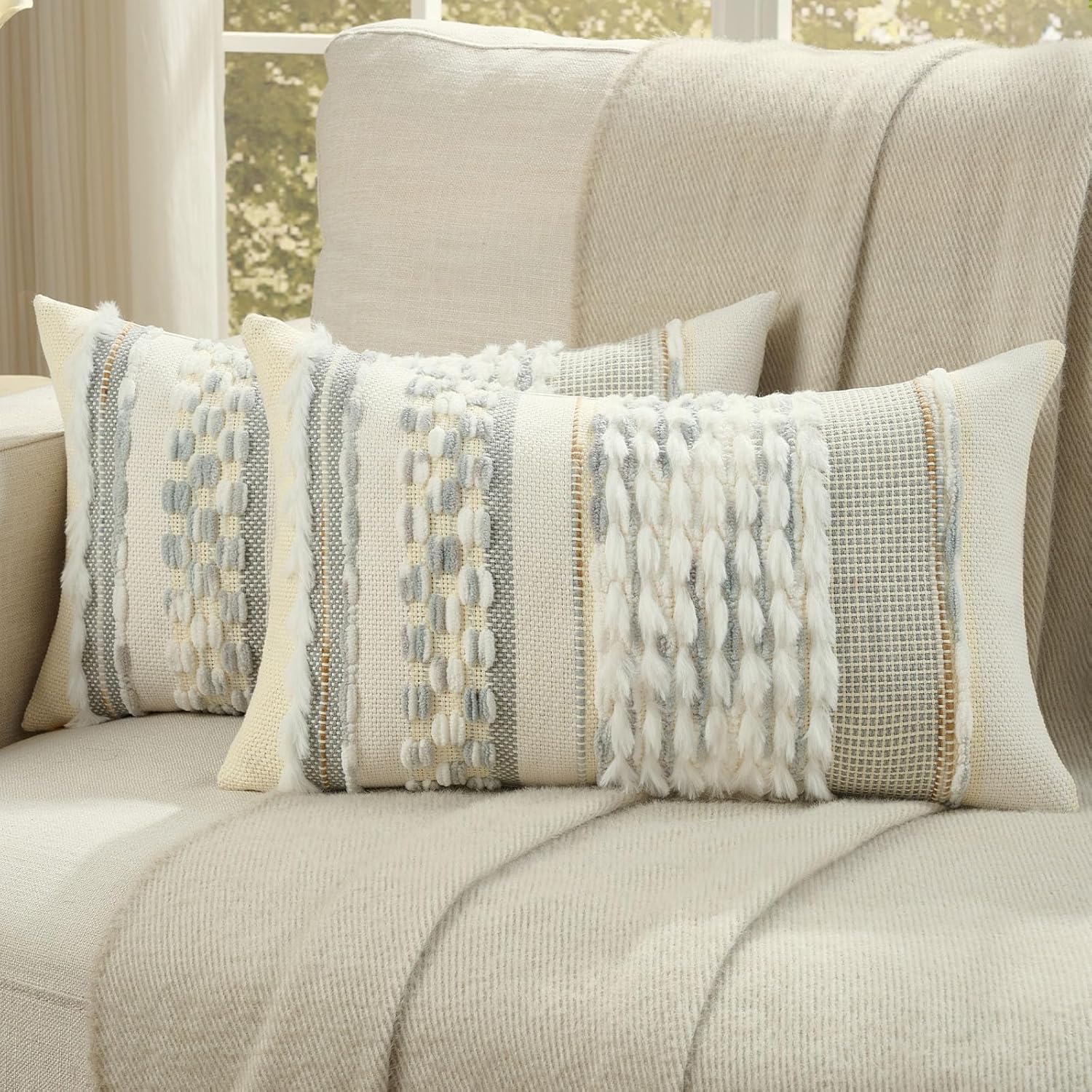Tufted Boho Beige Throw Pillow Cover — 18" — Grey Blue+white