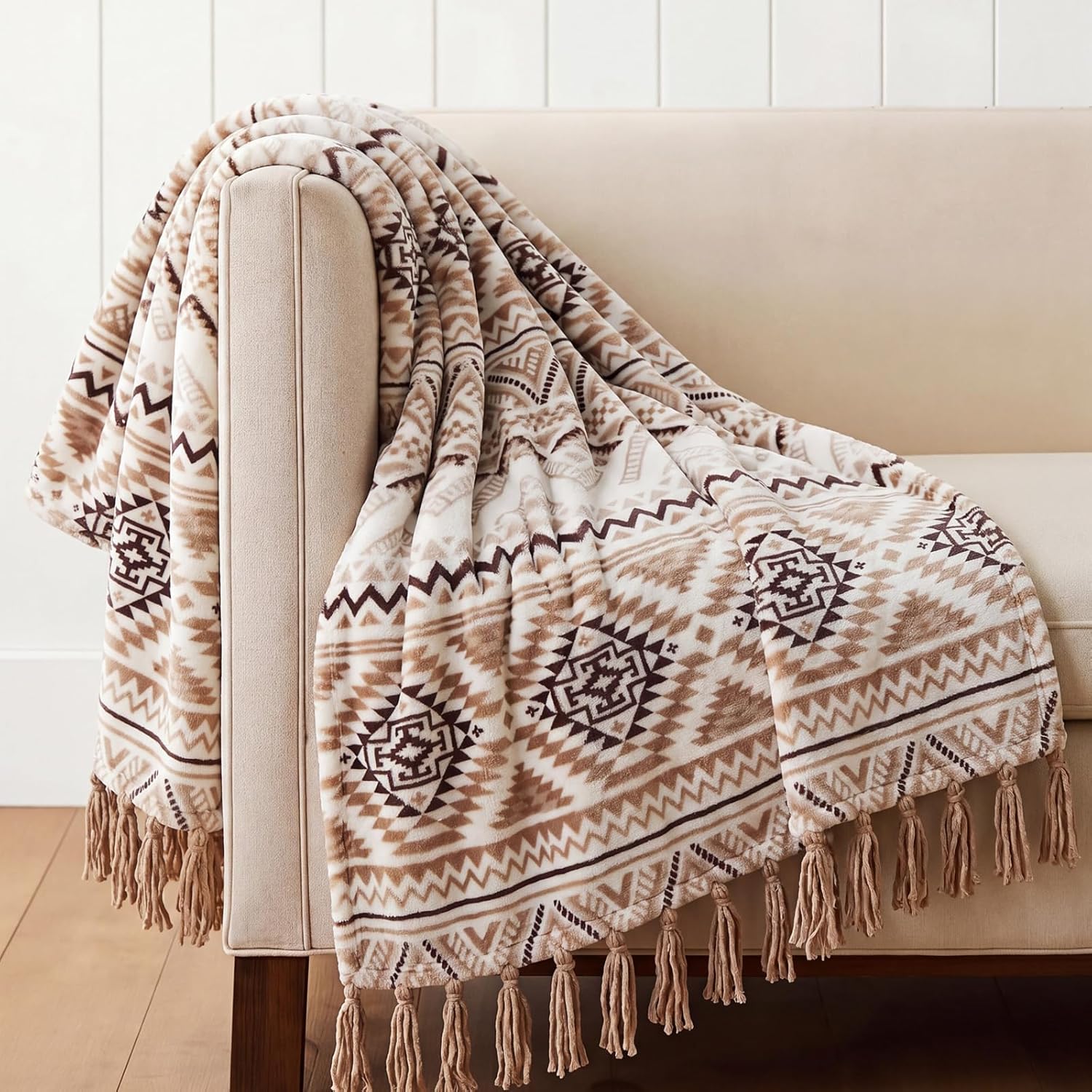 Vintage Boho Beige Throw Pillow — 60" — Brown White