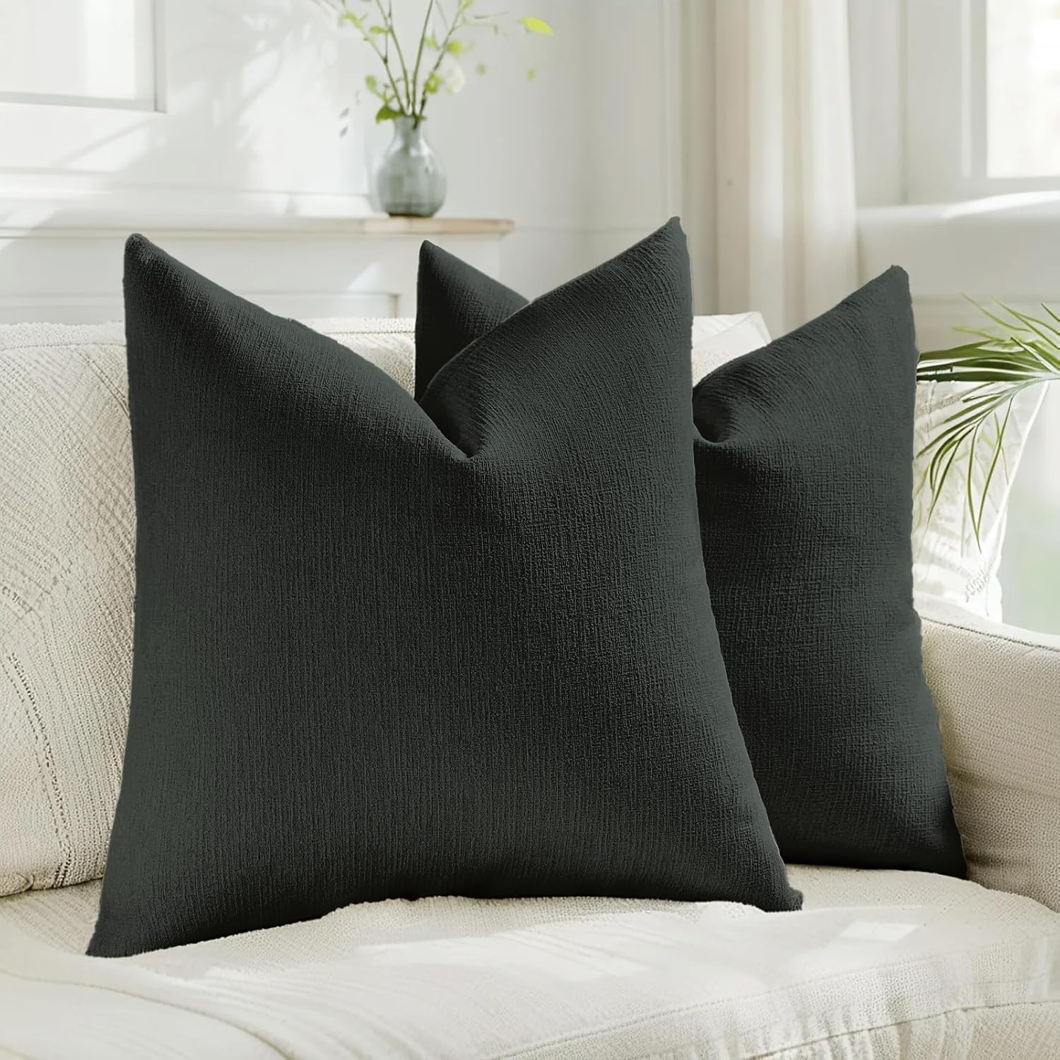 Linen Boho Beige Pillow Cover — 18" — Black