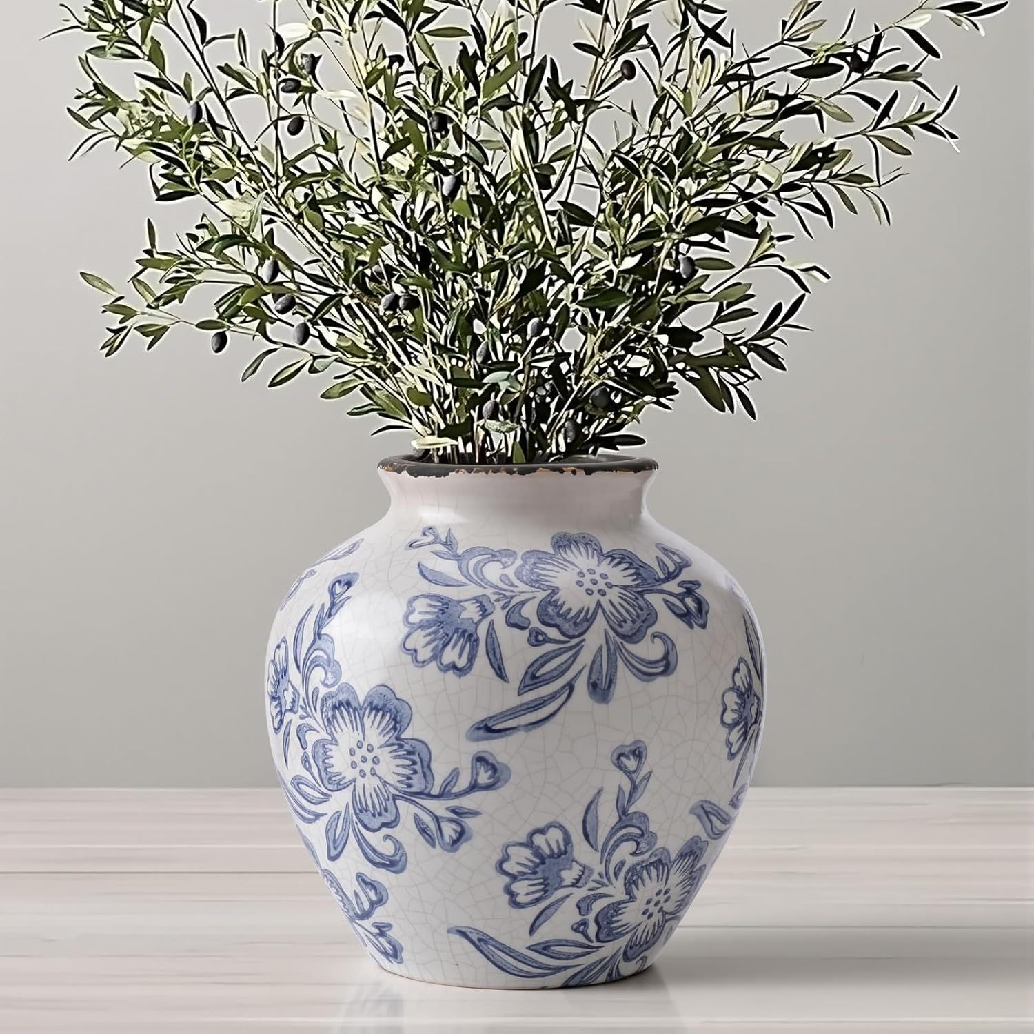 Vintage Boho Beige Flower Vase — 6.2" — 6.2"-blue and White