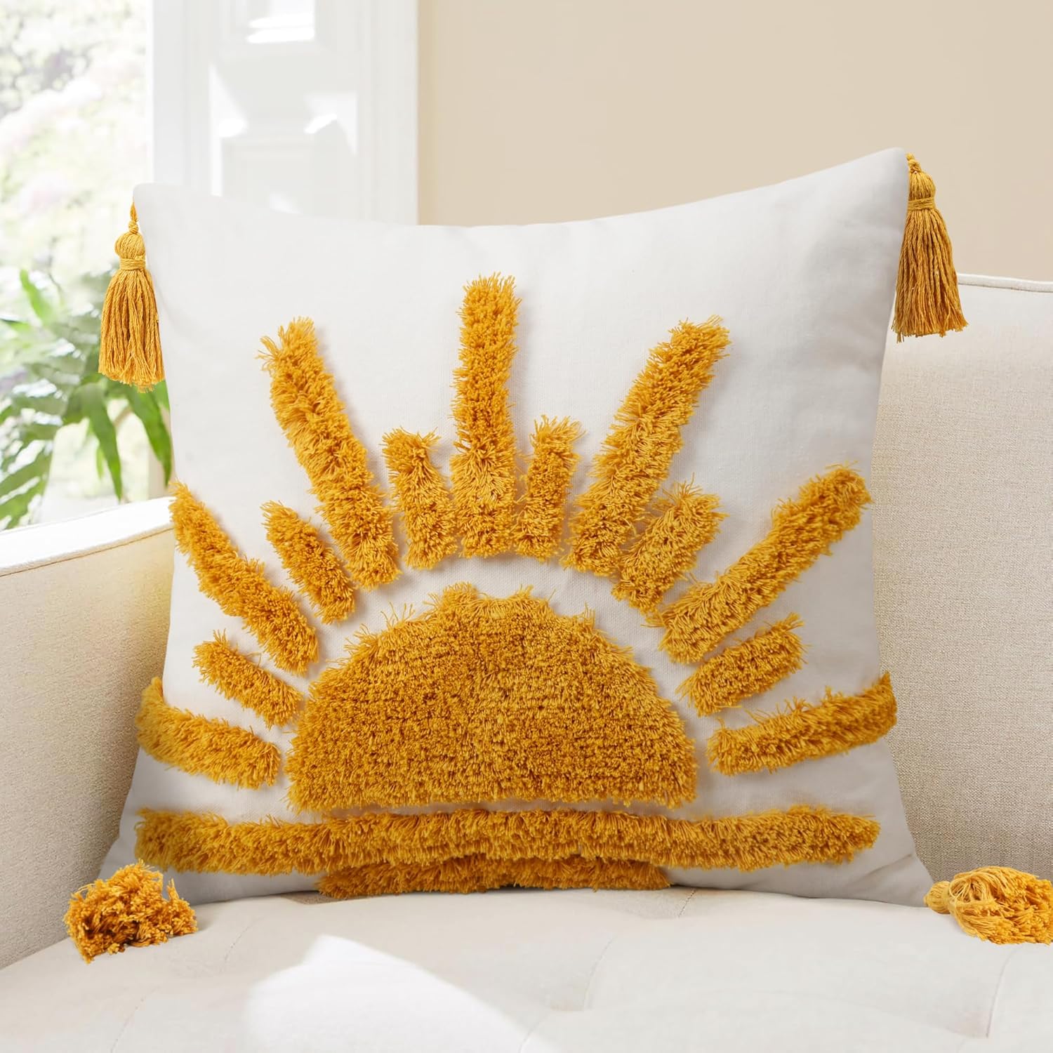 Tufted Boho Beige Throw Pillow Cover — 20" — Yellow and White-c Rising