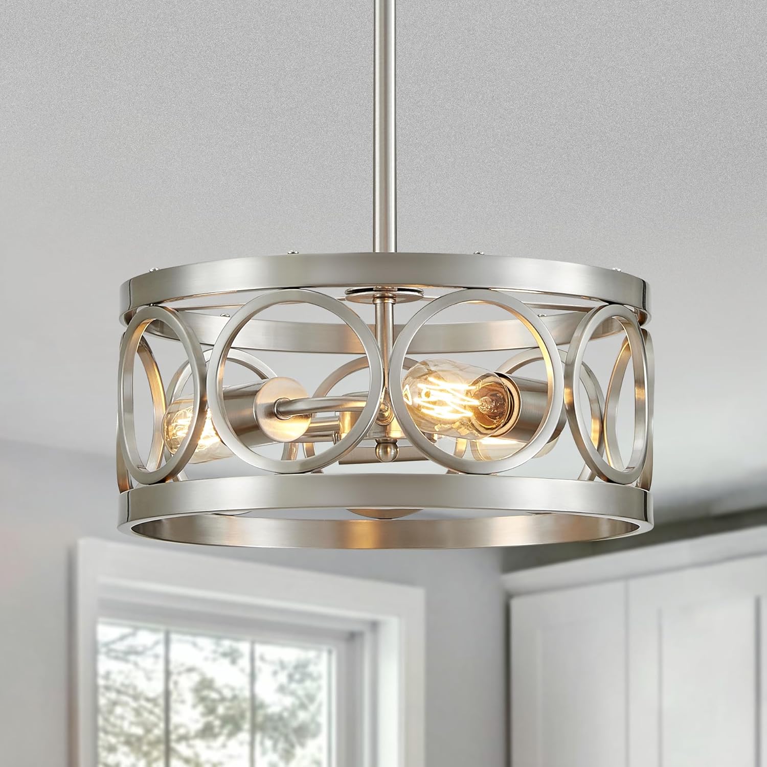 Round Farmhouse Black Chandelier — 5-Light — Nickel Drum Ceiling-3 Light