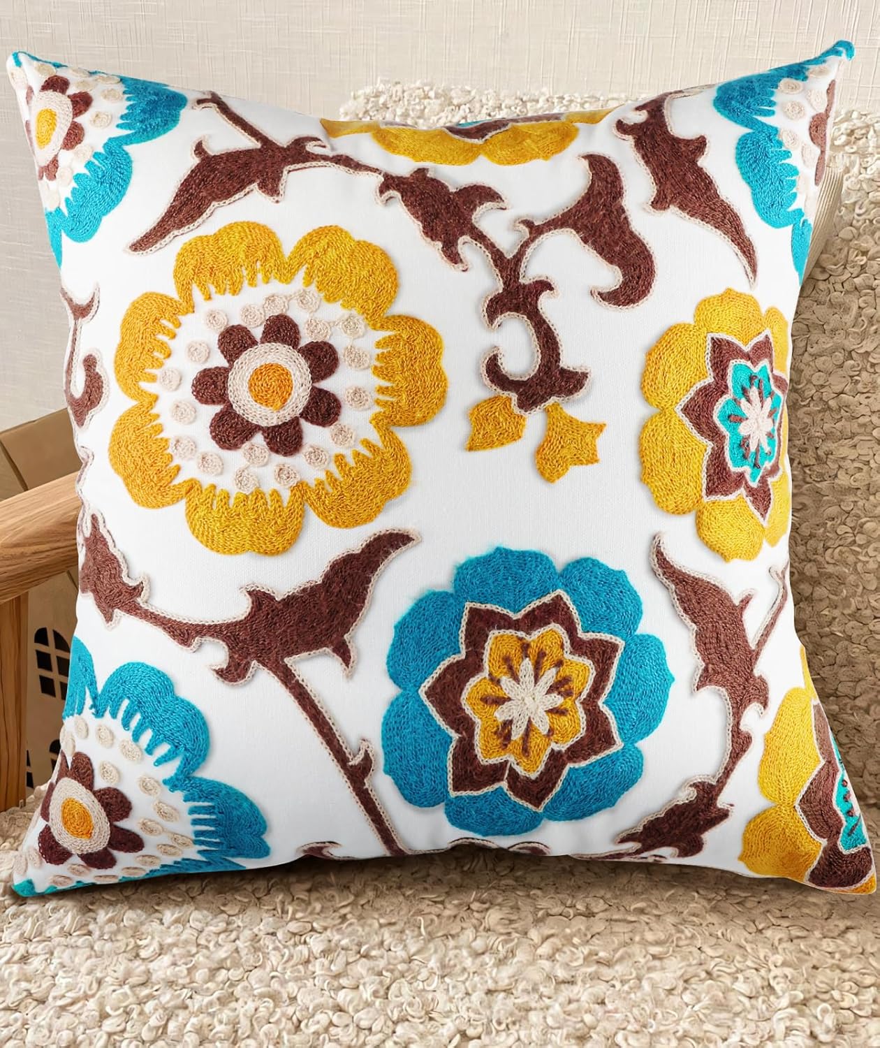 Embroidered Boho Beige Throw Pillow Cover — 18" — Floral