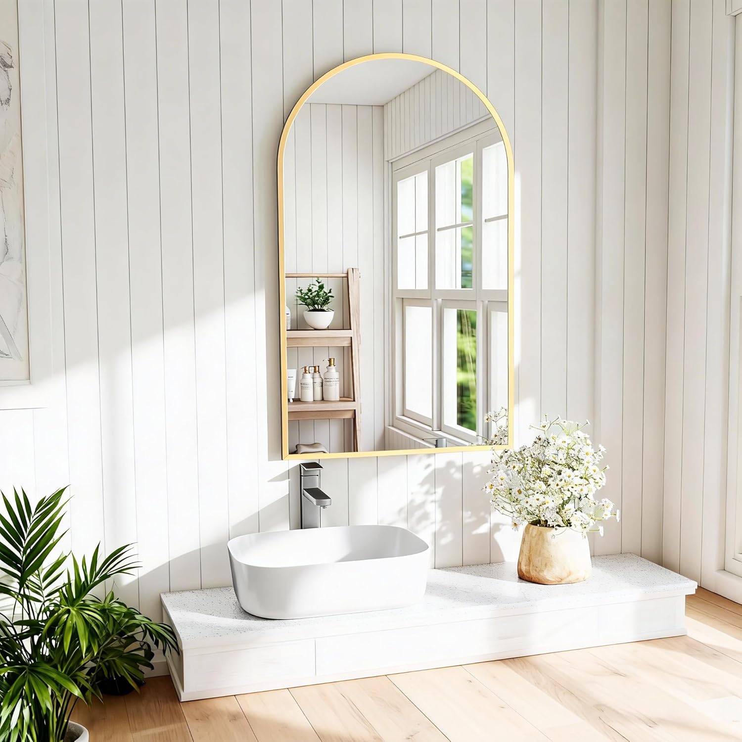 Round Luxe Beige Wall Mirror — 30" — Gold-arched
