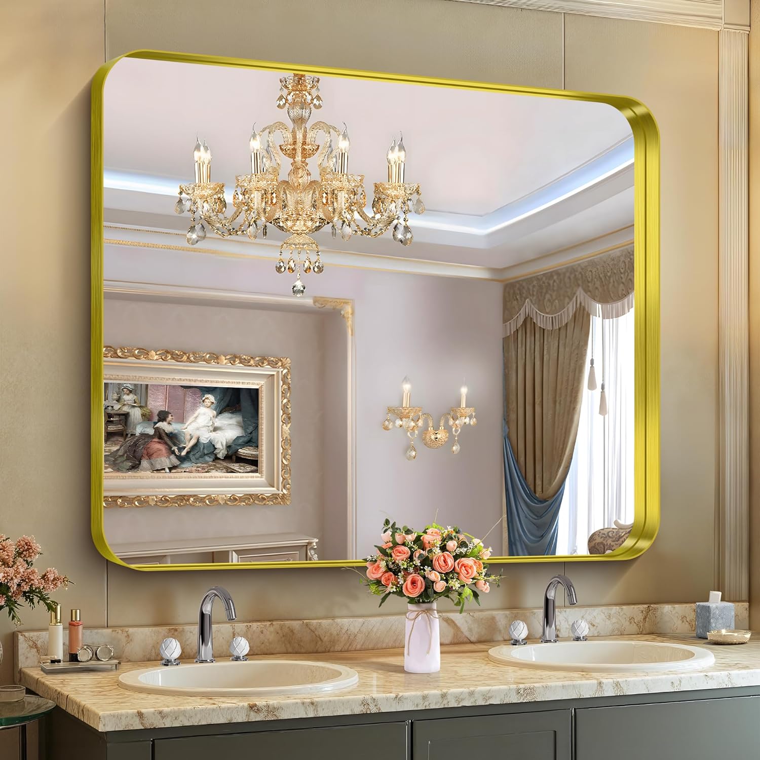 Rectangular Luxe Black Mirror — 30" — Rounded Corner Gold
