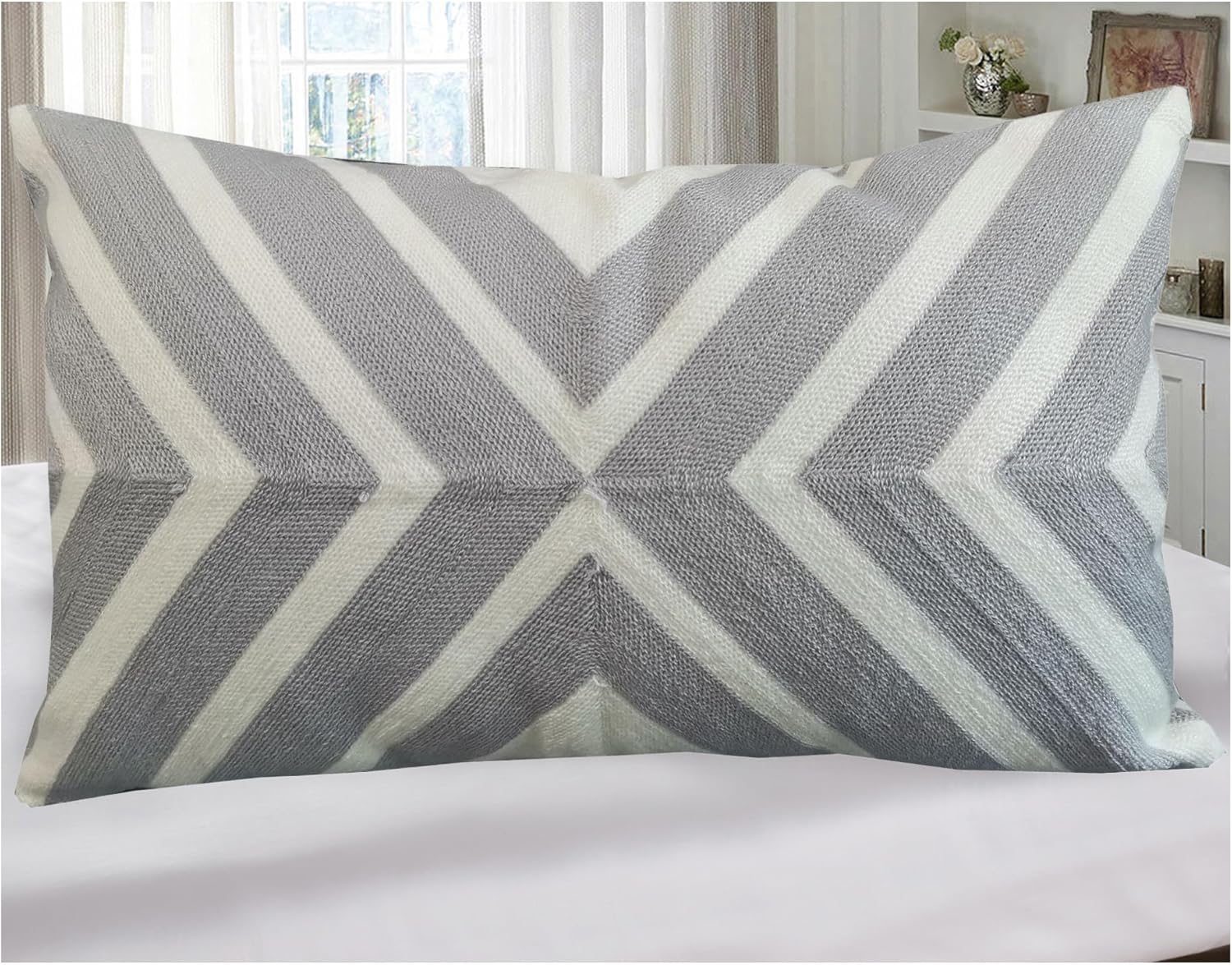 Embroidered Boho Beige Throw Pillow Cover — 20" — 20" x 12" (Pack of 1)