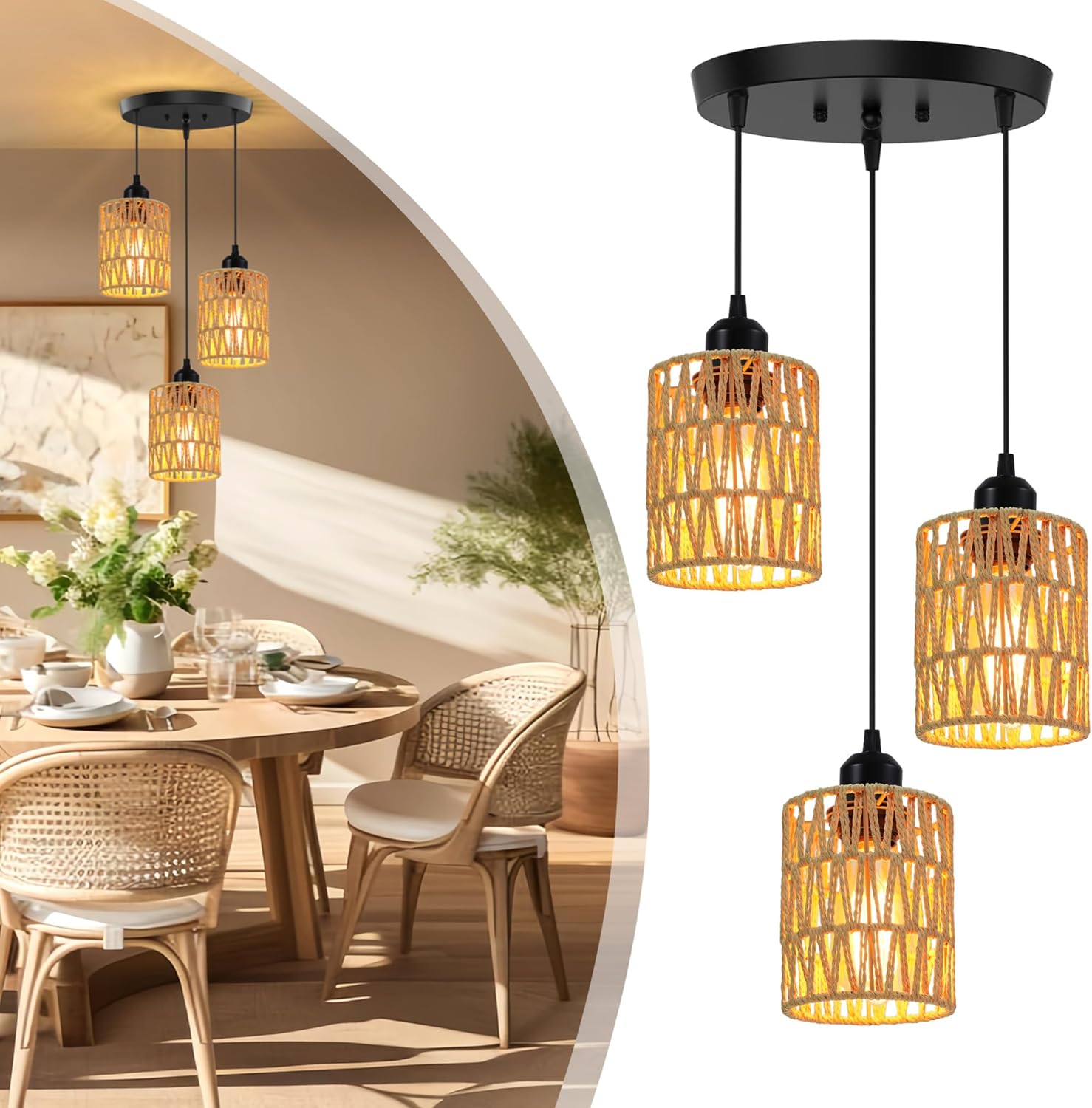 Adjustable Farmhouse Beige Pendant Light — 3-Light — Round Base Rattan Pendant - 3-Light (Natural)