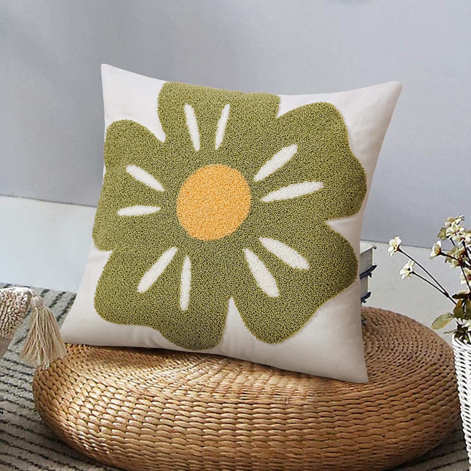 Embroidered Boho Black Throw Pillow Cover — 18" — Sage Green