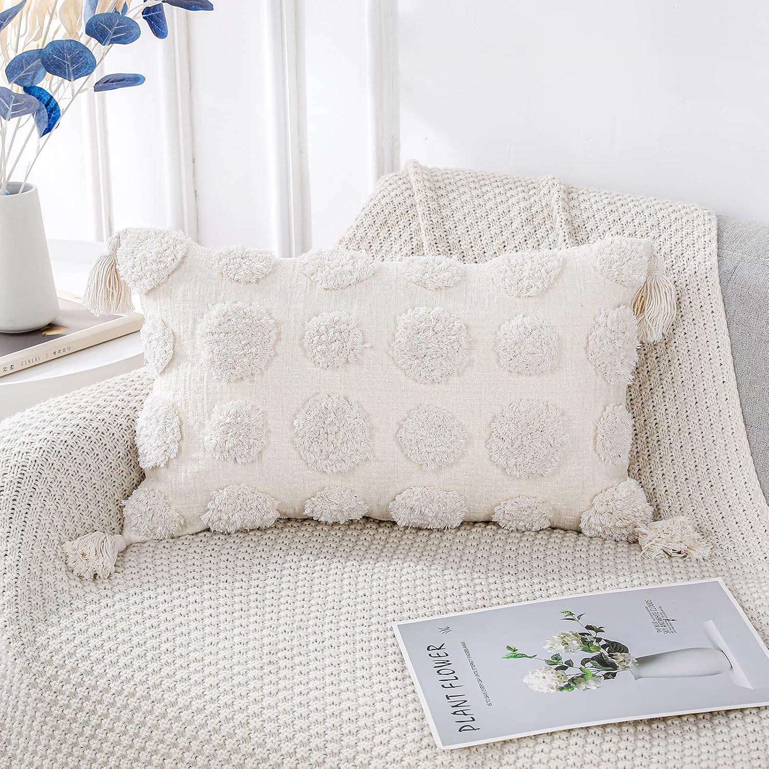 Tufted Boho Black Throw Pillow Cover — 20" — White