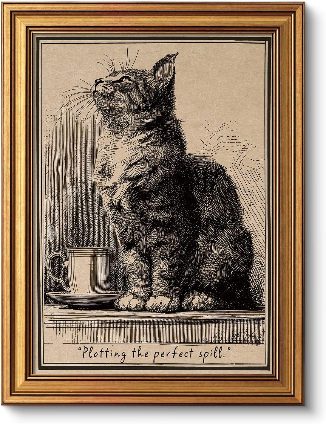 Framed Luxe Brown Canvas Wall Art — 16" — Vintage Cat