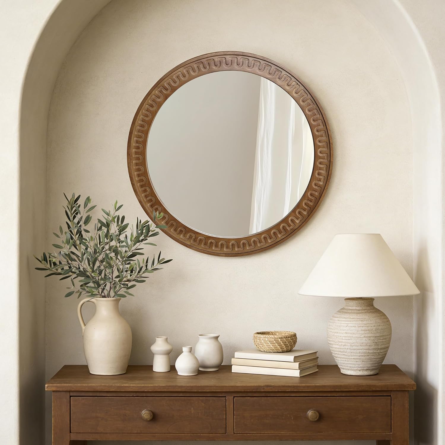 Round Farmhouse Wood Wall Mirror — 25.8" — 26"d Round