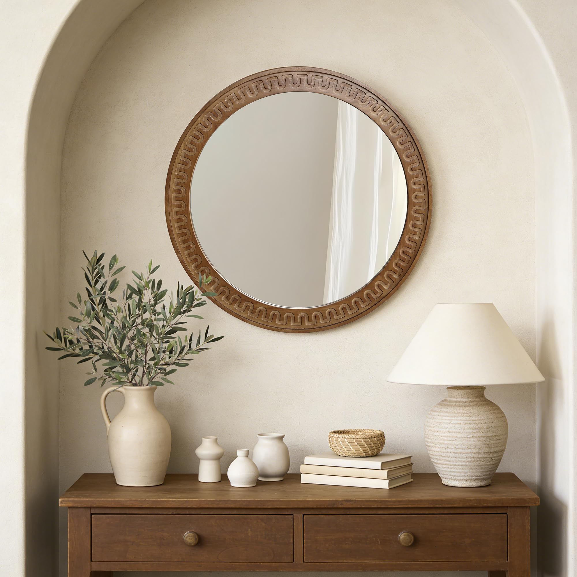 Round Farmhouse Wood Wall Mirror — 25.8"