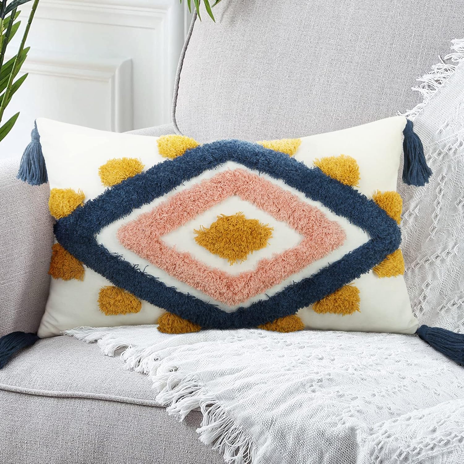 Tufted Boho Blue Pillow Cover — 18" — Blue and Pink