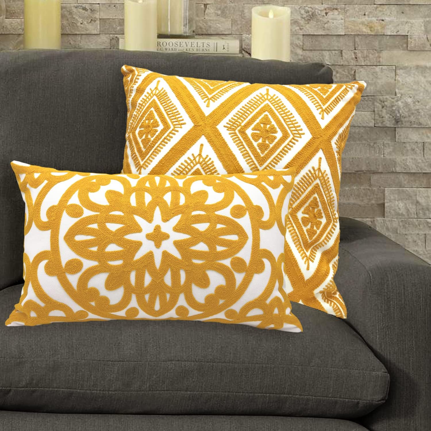 Embroidered Boho Beige Throw Pillow Cover — 12" - View 6
