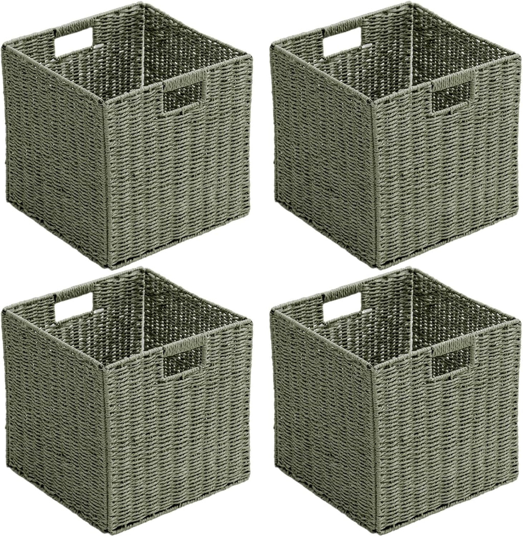 Handwoven Boho Beige Storage Basket — 13" — Green