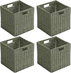 Handwoven Boho Beige Storage Basket — 13" — Green
