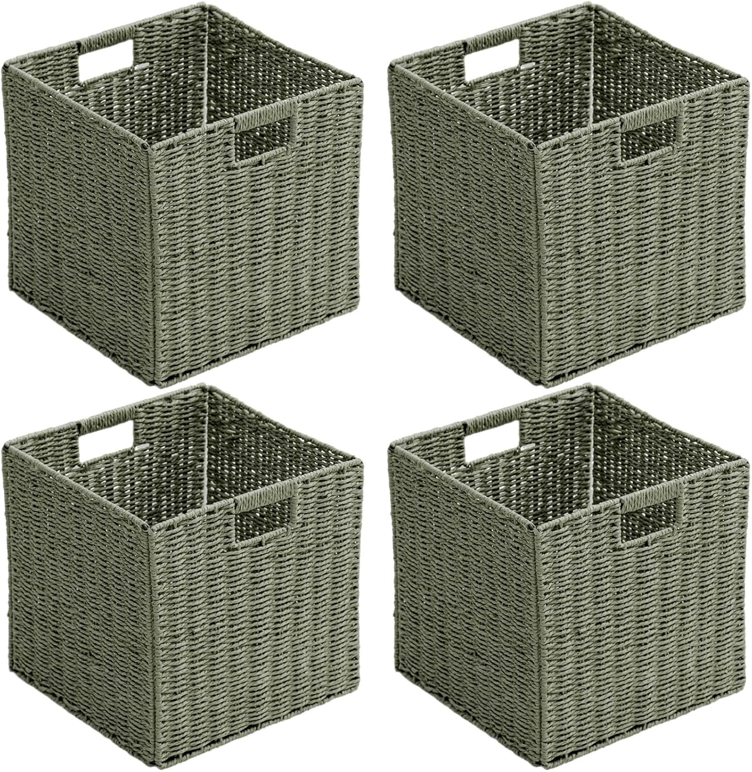 Handwoven Boho Beige Storage Basket — 13" — Green
