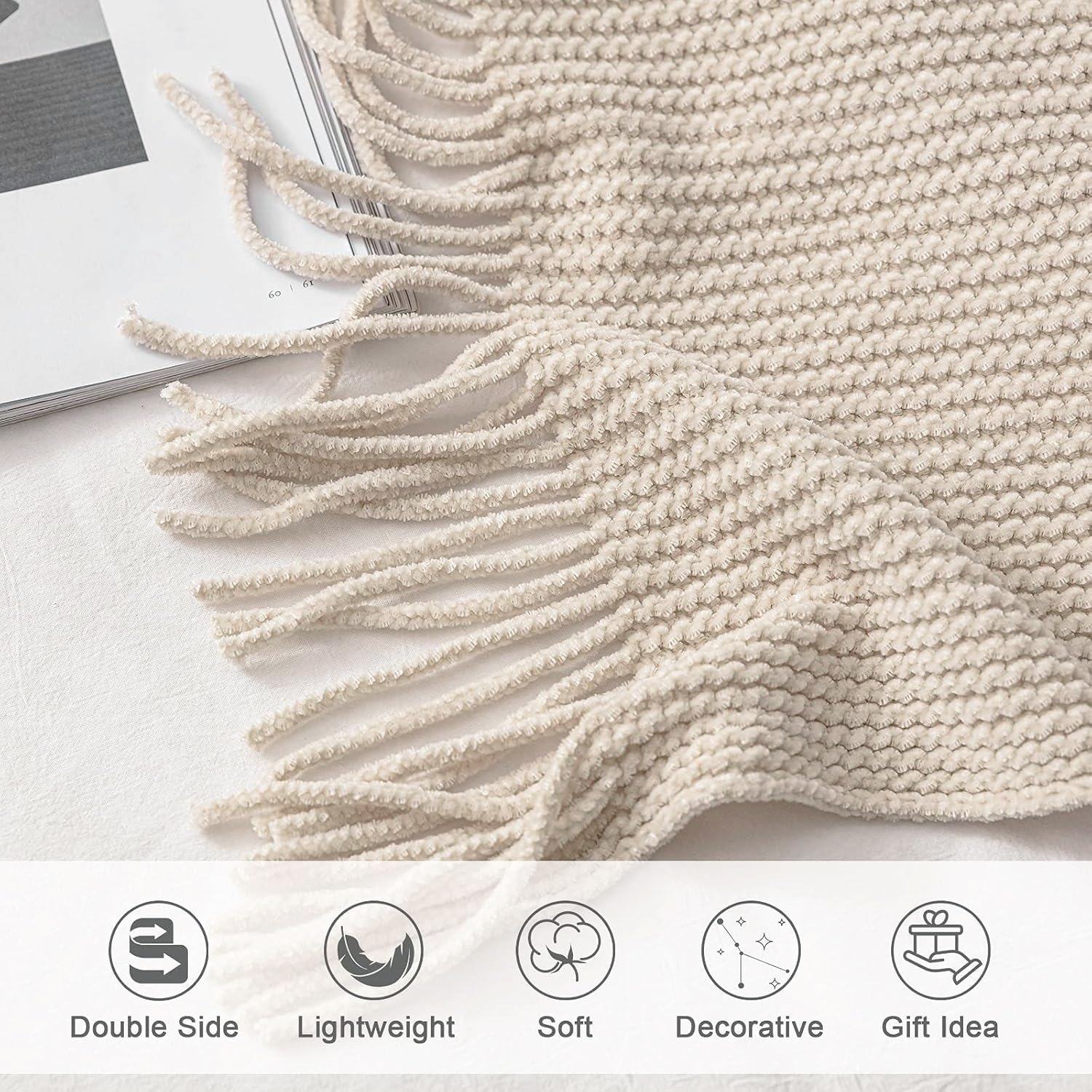 Chenille Boho Beige Throw Pillow — 60" - View 4