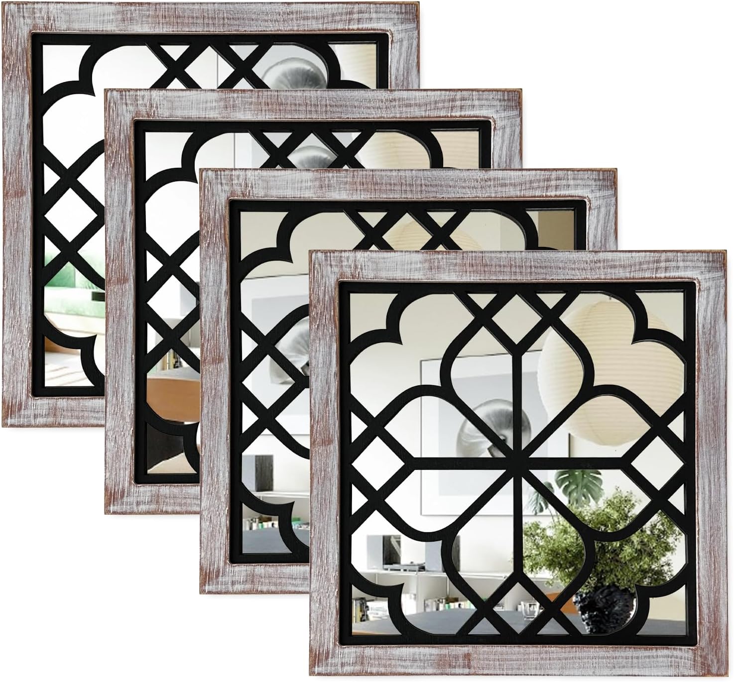 Framed Farmhouse Black Wall Mirror — Brown Set 4