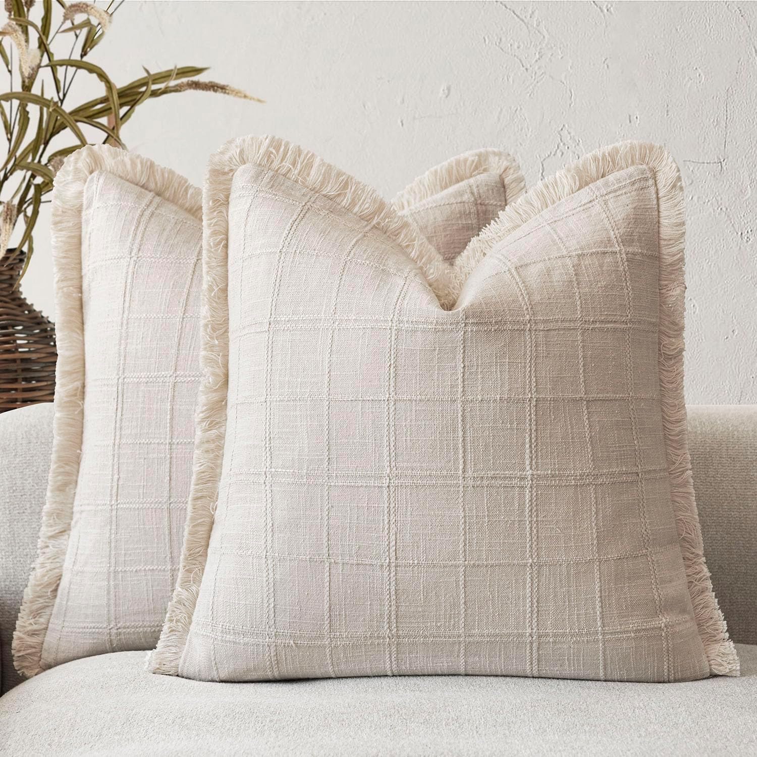 Linen Boho Beige Throw Pillow Cover — 18" — 20" x 20" (Pack of 2)