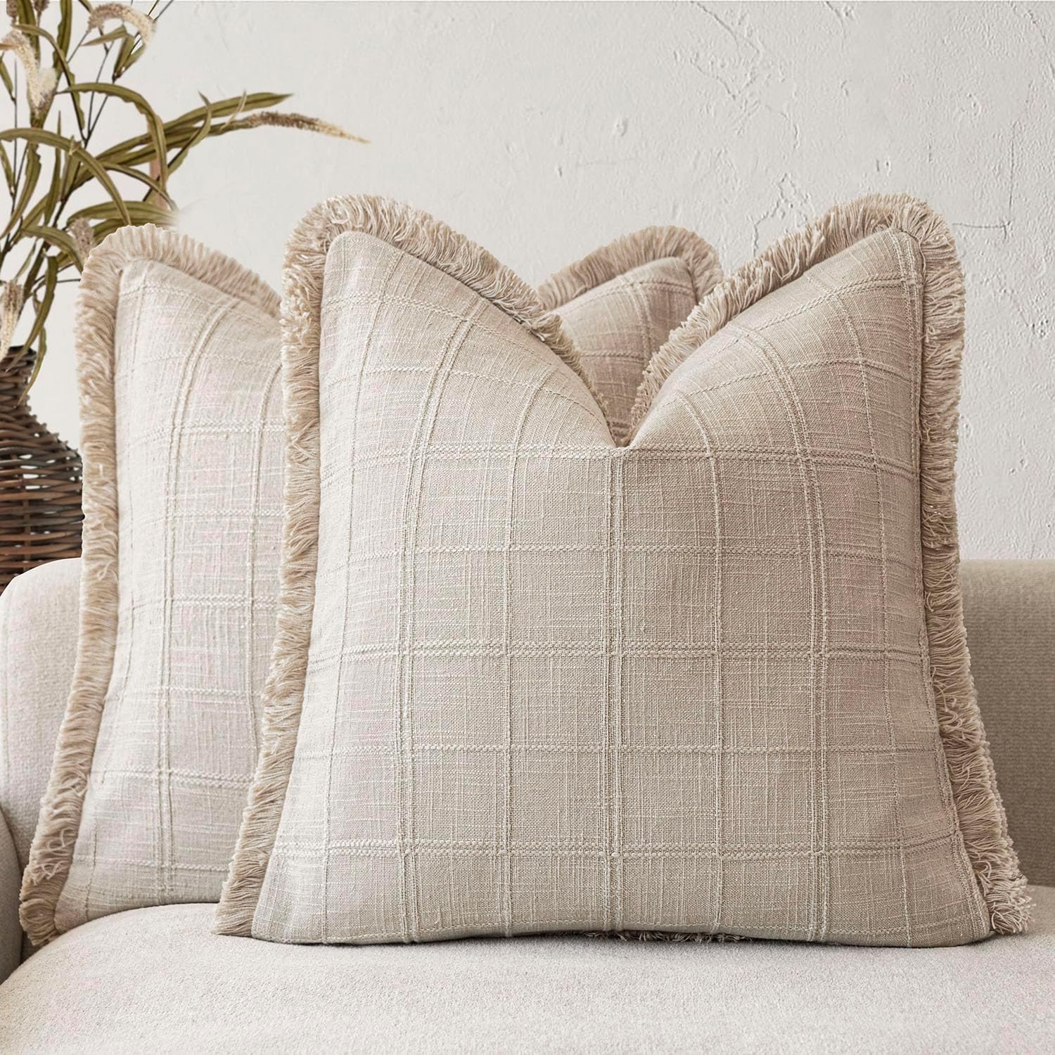 Linen Boho Beige Throw Pillow Cover — 18" — 18" x 18" (Pack of 2)