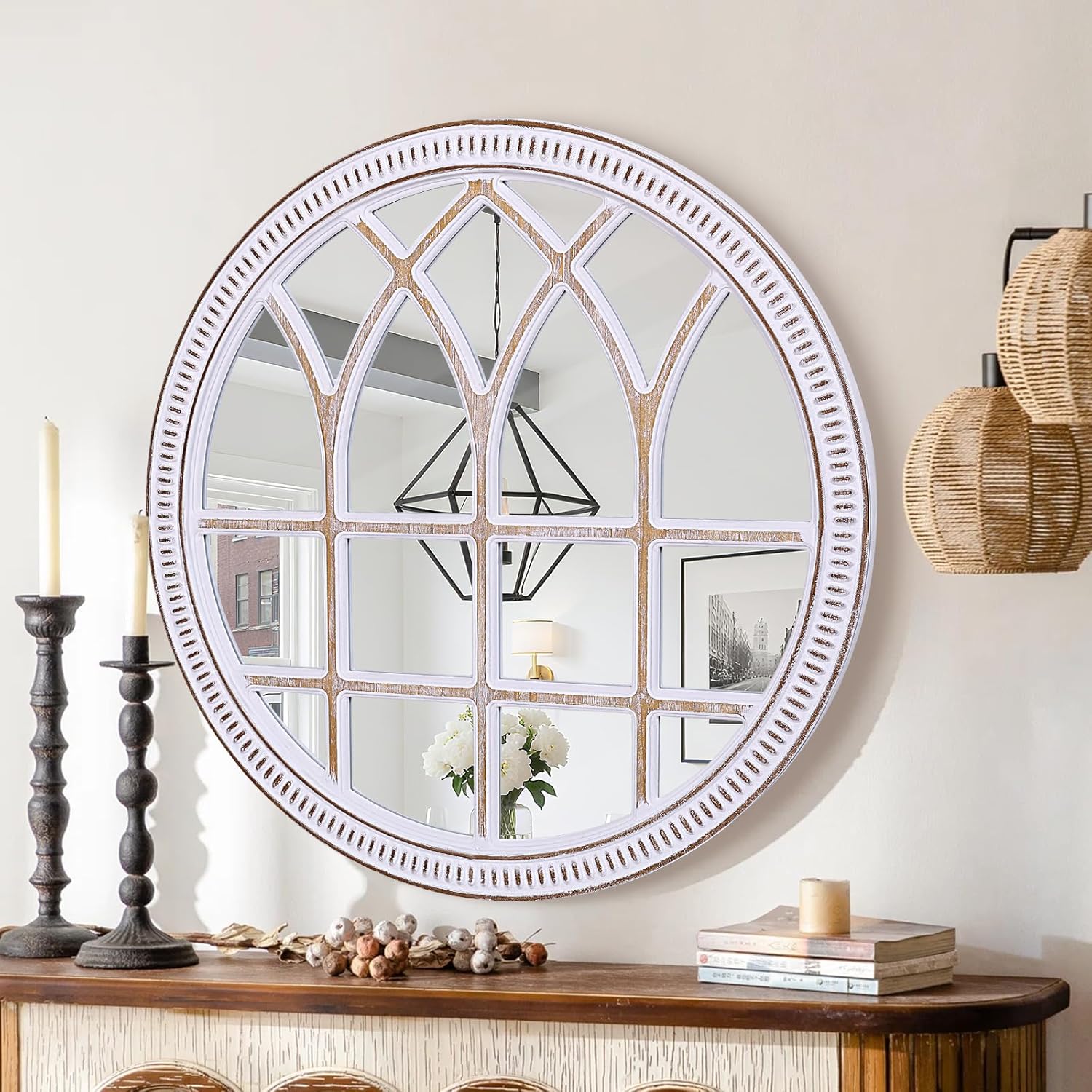 Round Farmhouse Wood Mirror — 36" — D - 30 in
