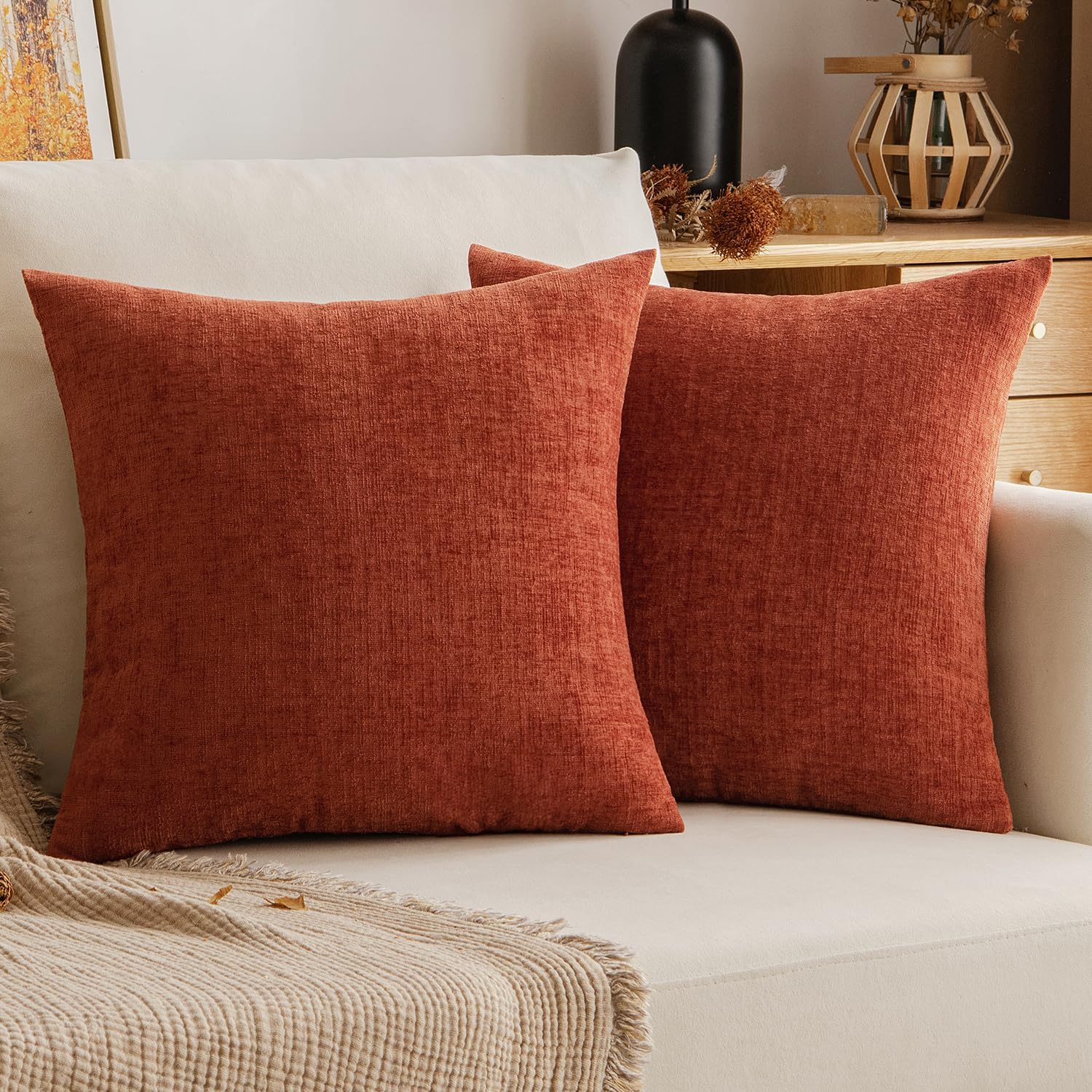 Chenille Boho Beige Throw Pillow Cover — 18" — Burnt Orange