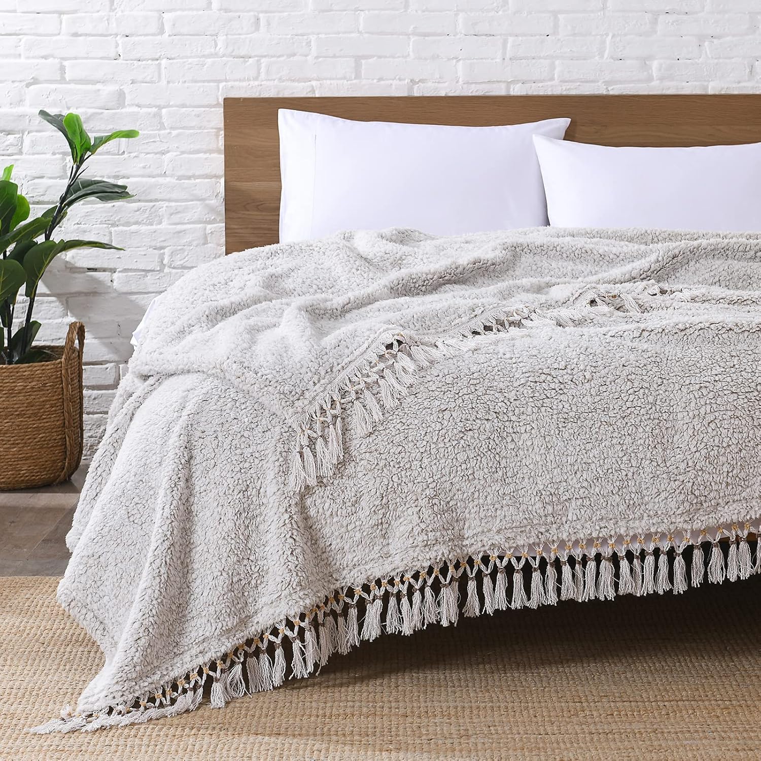 Boho Beige Throw Pillow — 50" — Light Brown With Tassel