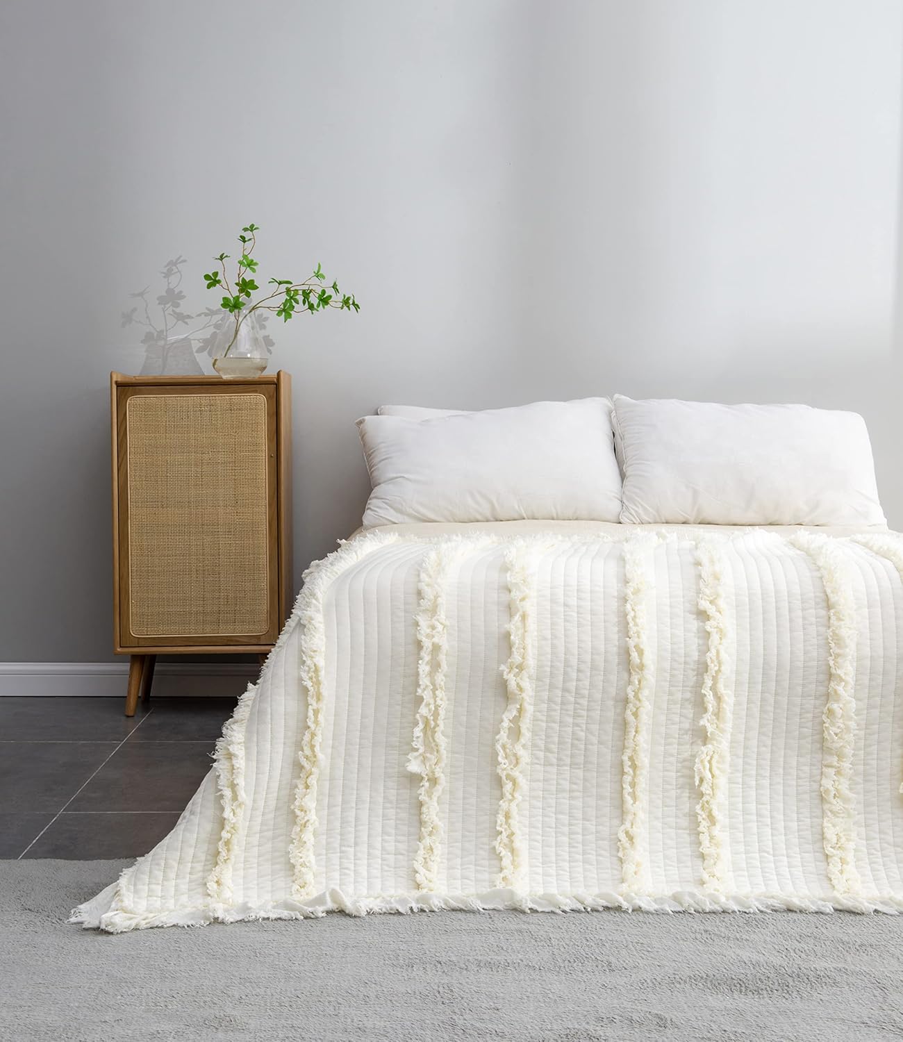 Fringed Boho Beige Throw Pillow — 50" — Cream