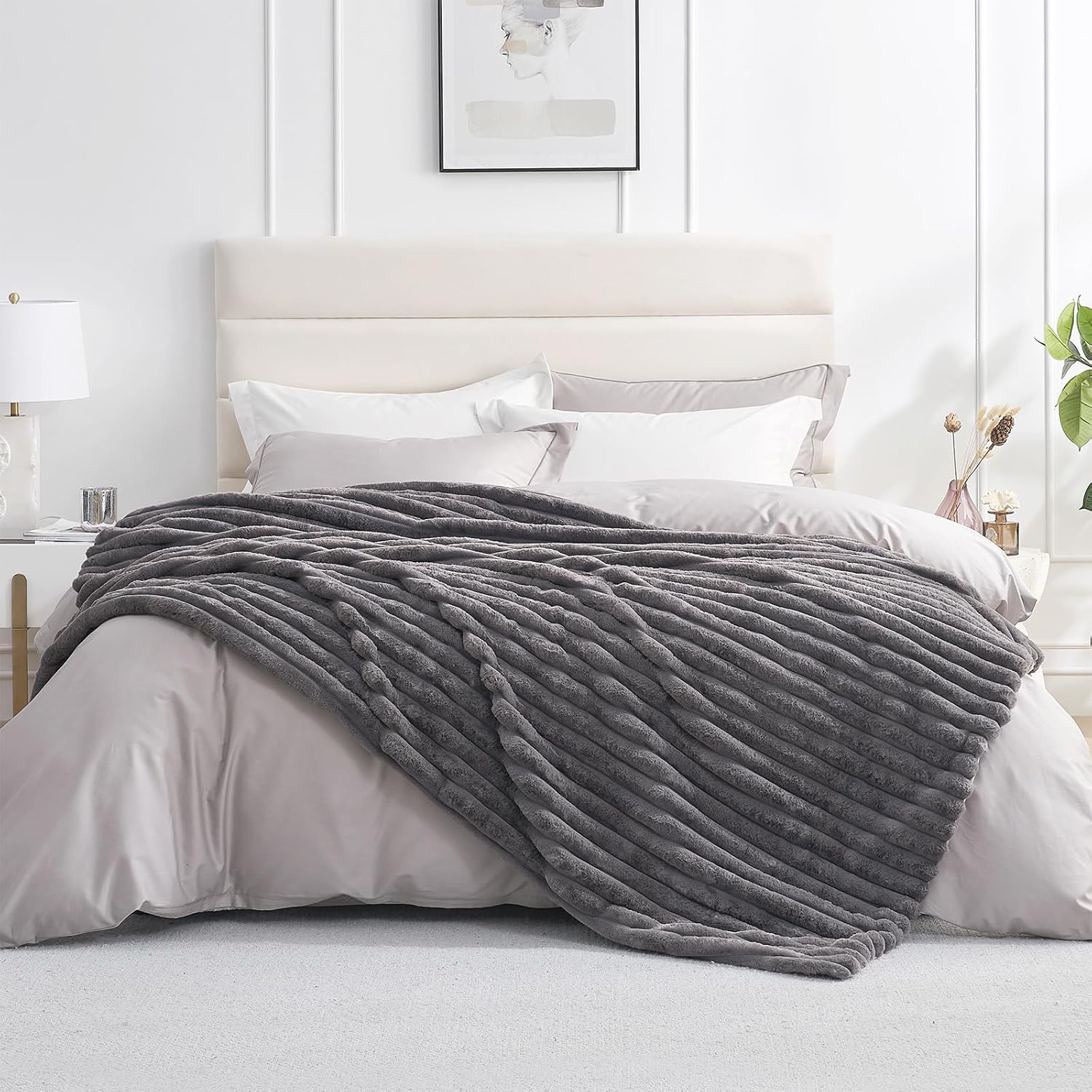 Beige Throw Pillow — 55" — Striped Charcoal Gray