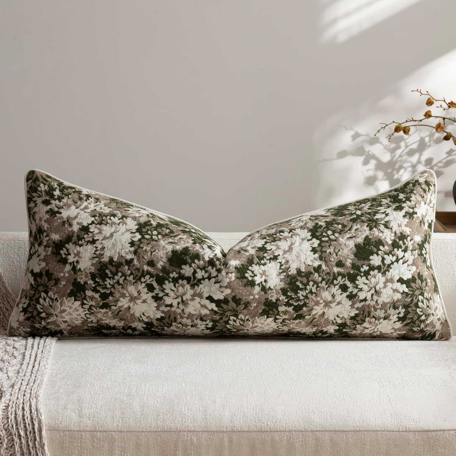 Chenille Boho Beige Pillow Cover — 20" — Green and Taupe