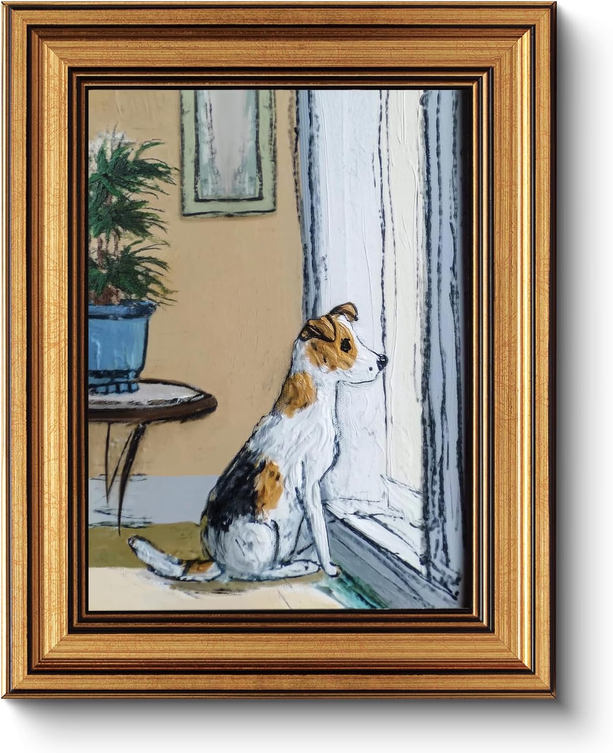 Vintage Farmhouse Blue Framed Wall Art — 16" — Waiting Puppy