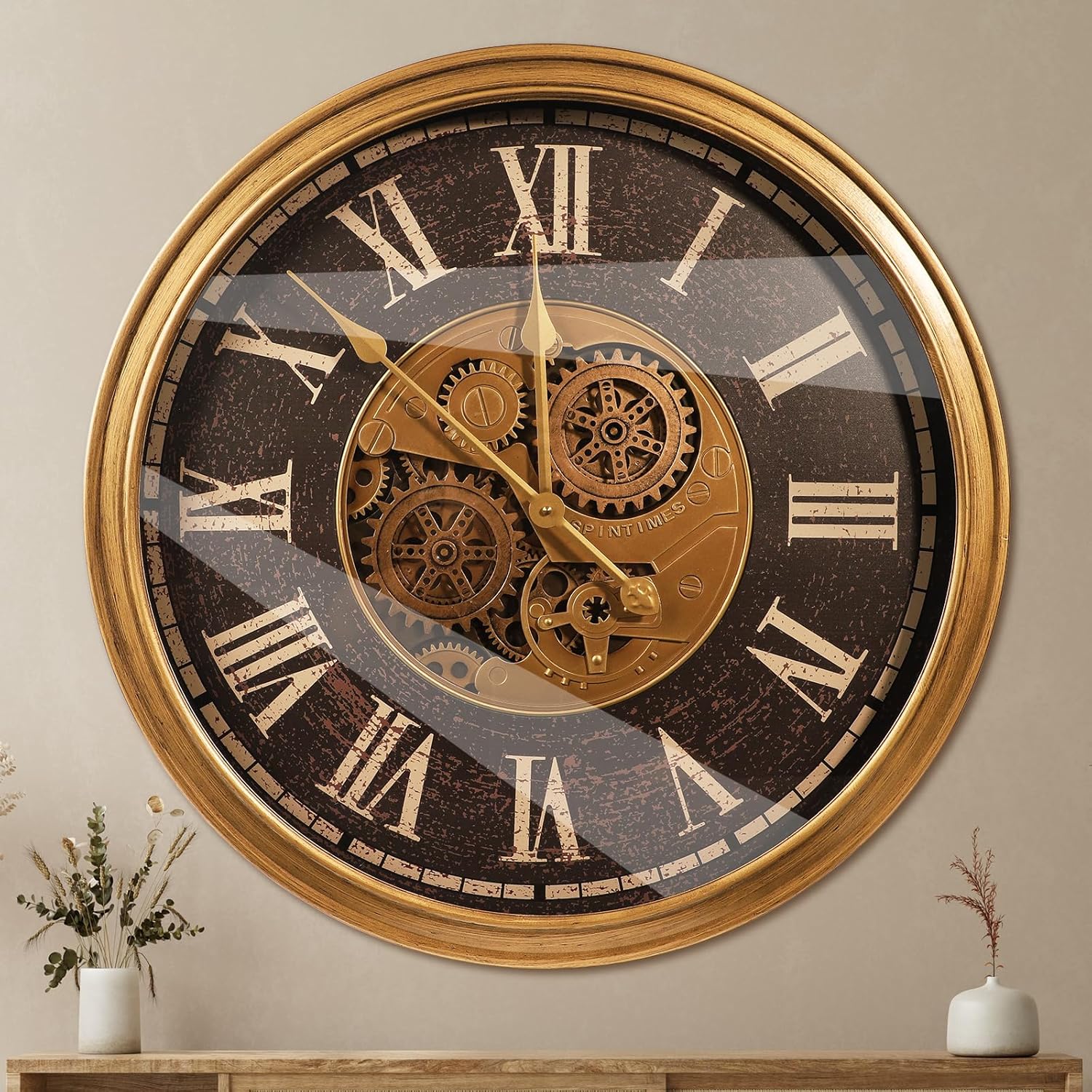 Oversized Farmhouse Brown Wall Clock — 24" — 24 Inch Roman Antique Brass Brown