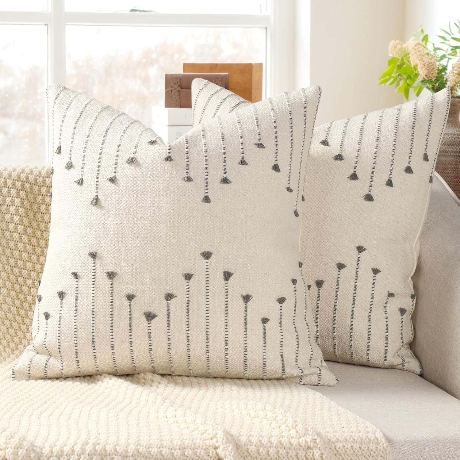 Tufted Boho Beige Throw Pillow Cover — 18" — Gray