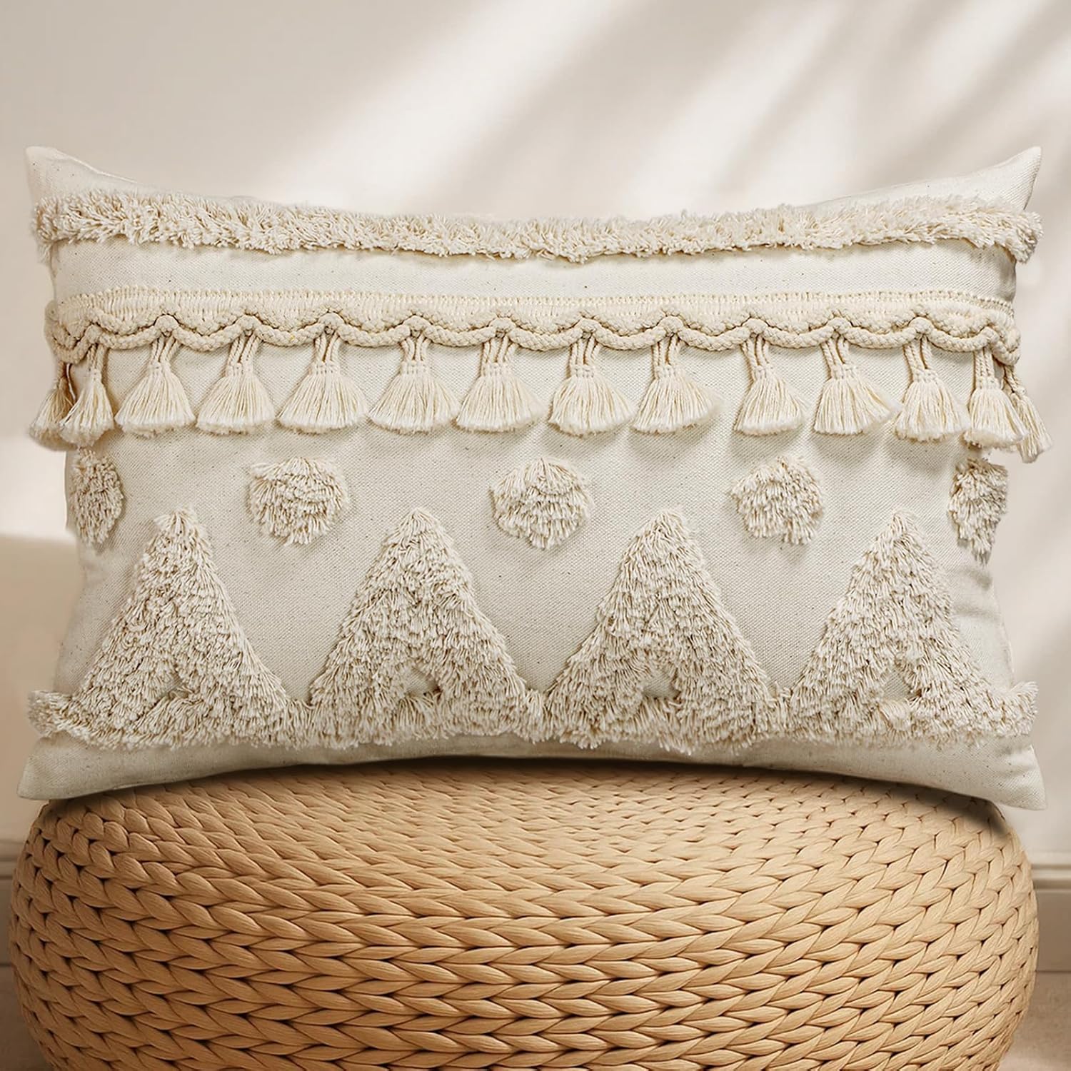 Tufted Boho Beige Throw Pillow Cover — 18" — Cream Tassel