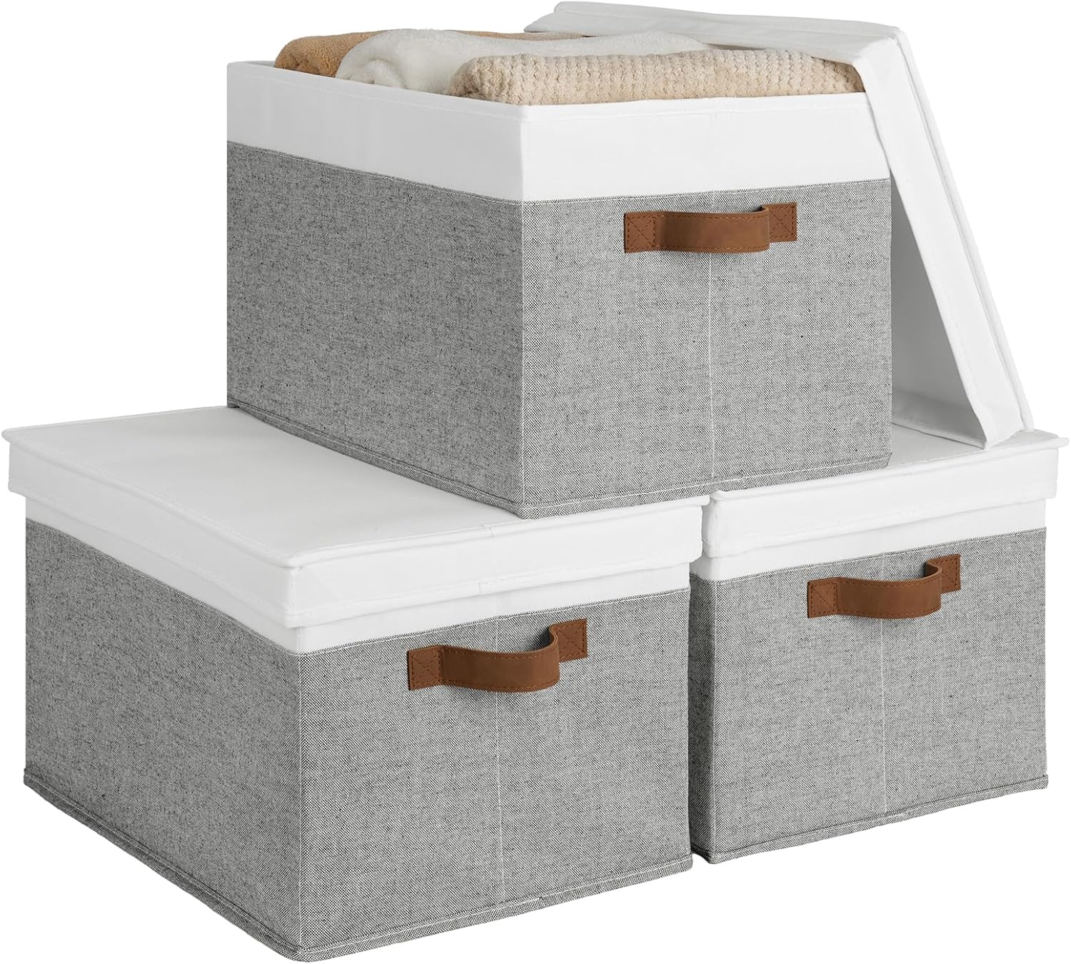 Beige Storage Bin — Gray and White