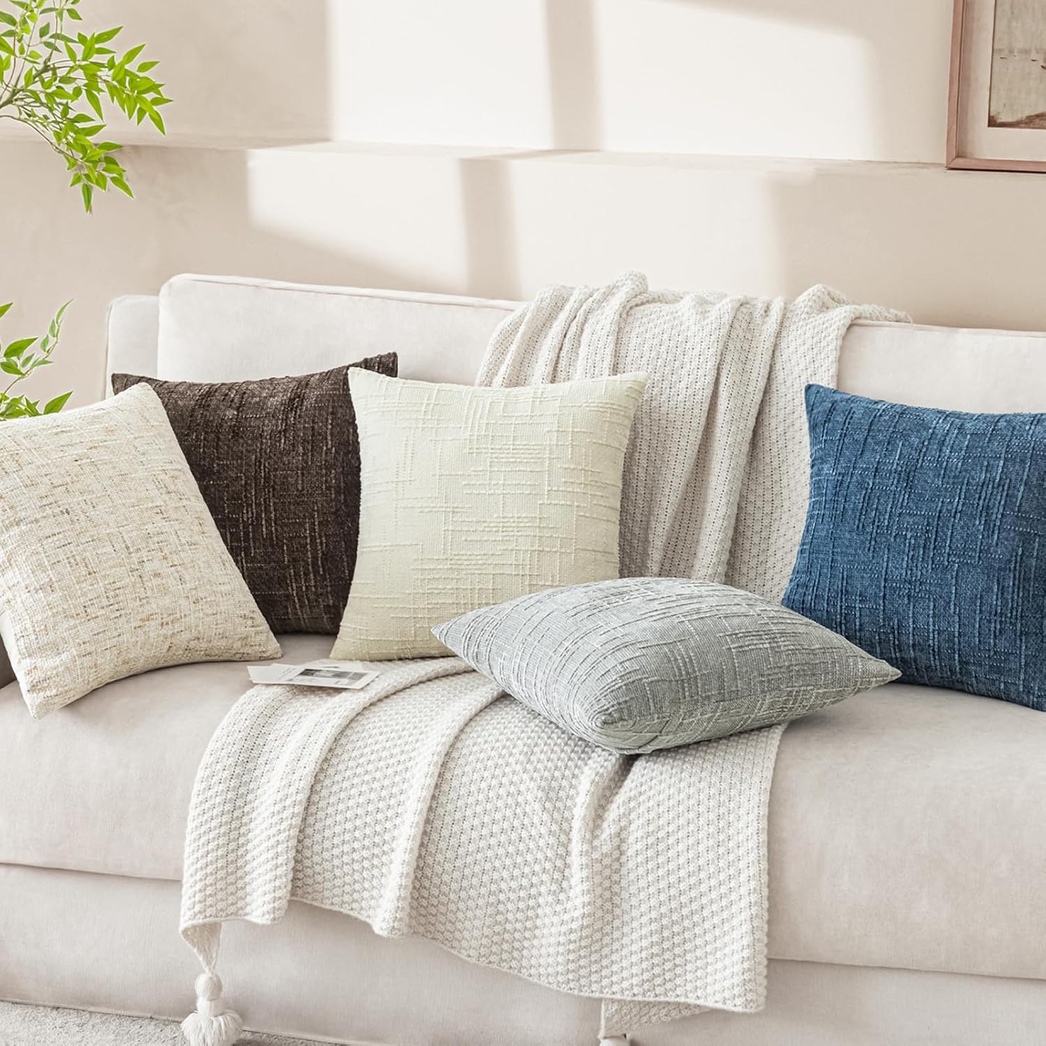Chenille Boho Beige Throw Pillow Cover — 18" - View 4