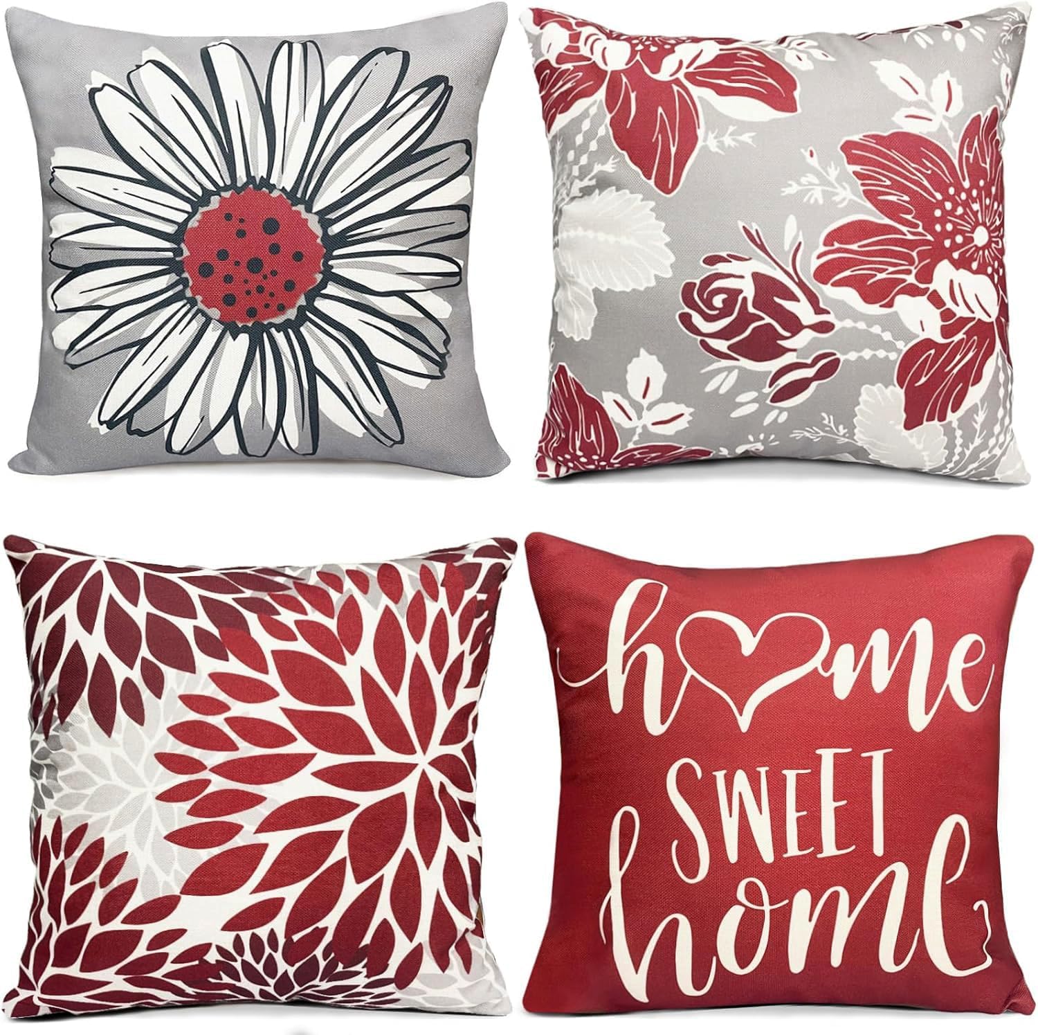 Linen Boho Beige Throw Pillow Cover — 18" — Wine Red-floral