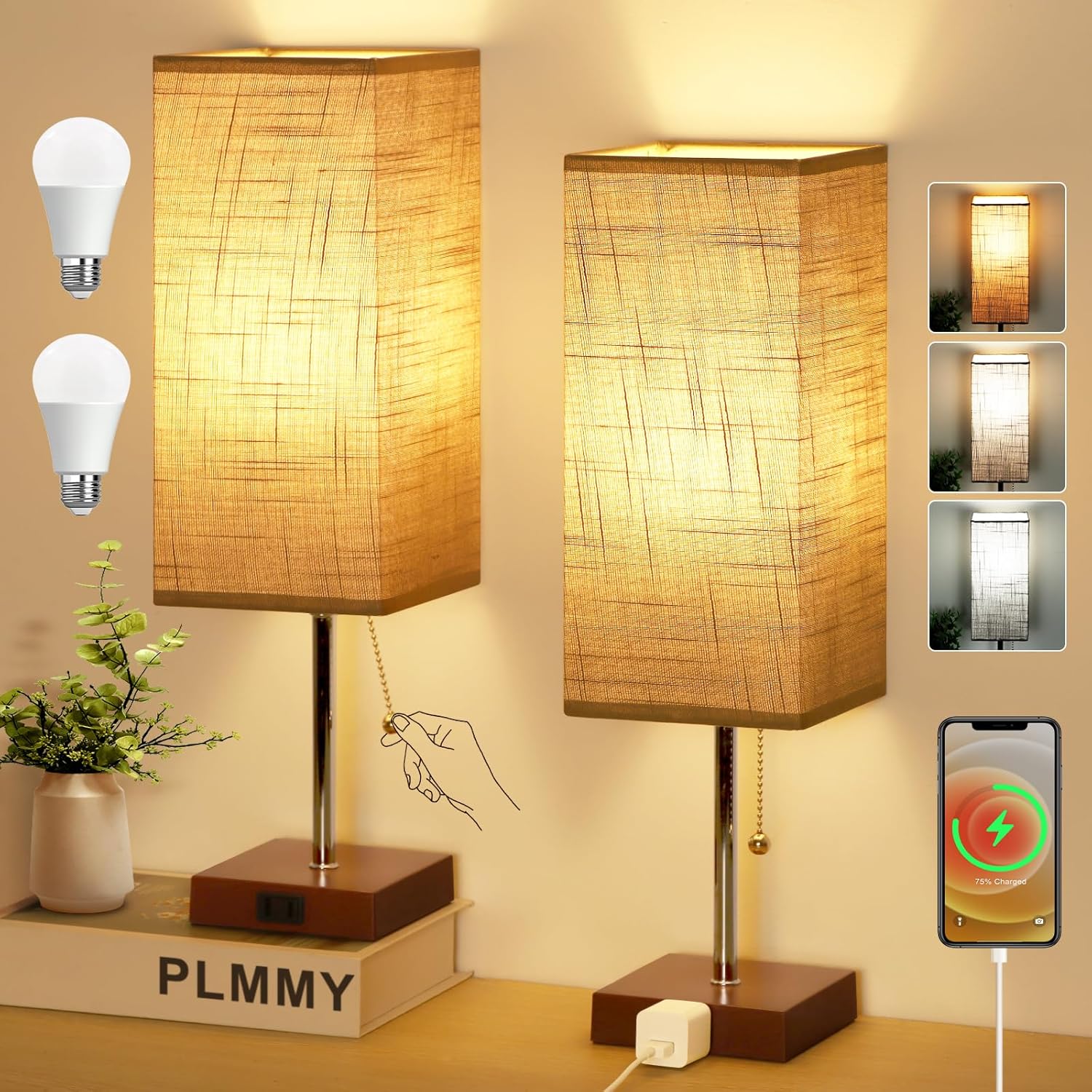 Black Bedside Lamp — 15" — Gray Shade-Brown Base