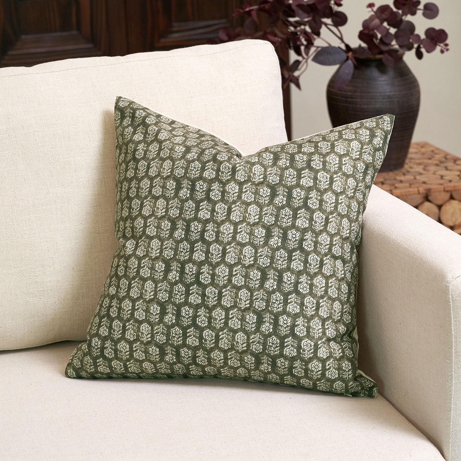 Farmhouse Beige Throw Pillow Cover — 18" — Olive Green