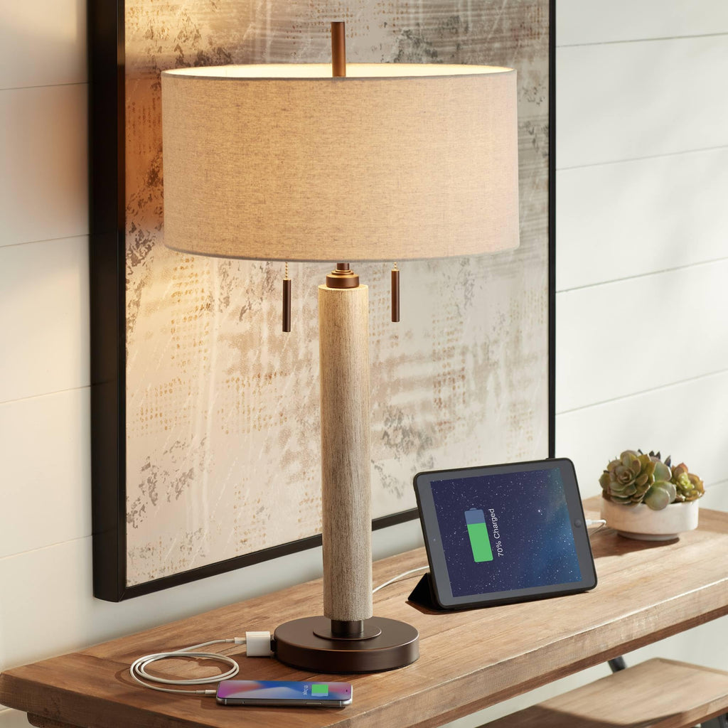 USB Mid-Century Brown Table Lamp — 28.5"