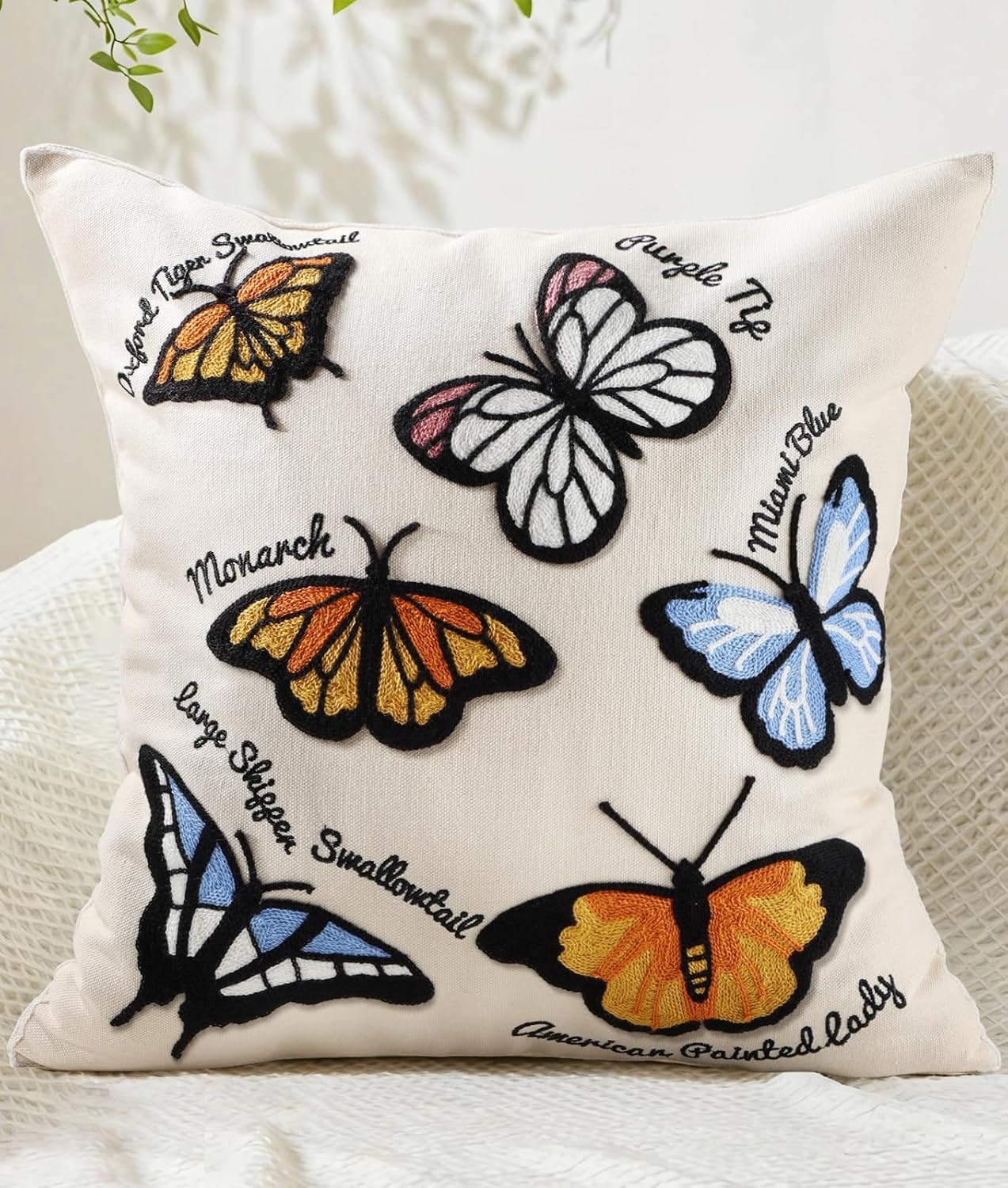 Embroidered Boho Fabric Throw Pillow Cover — 18" — Butterfly