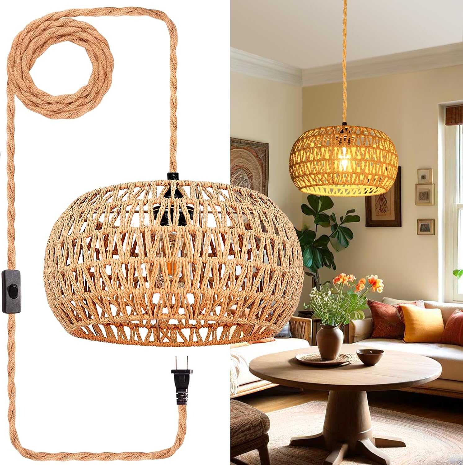 Boho Rattan Ceiling Light — 6" — 12.6 Inch-Drum Shade