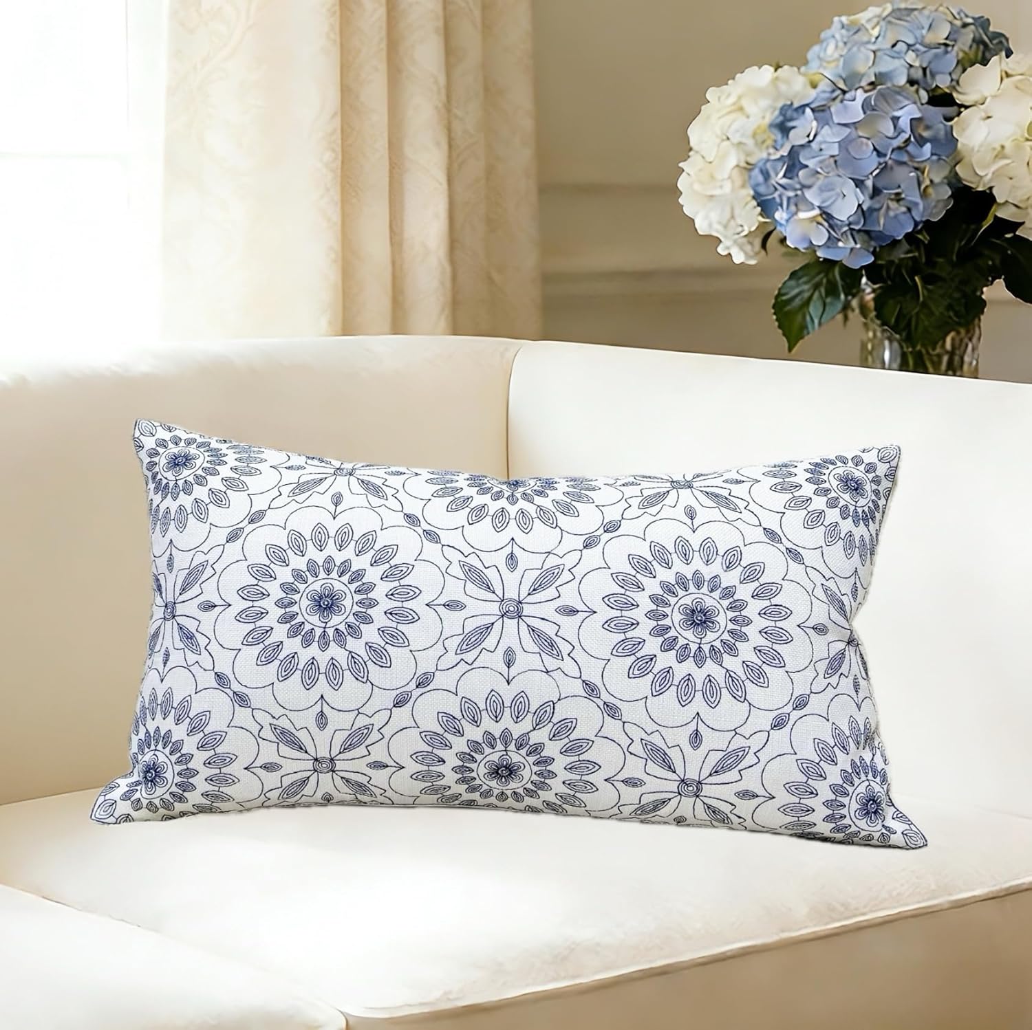 Embroidered Boho Beige Throw Pillow Cover — 18" — Embroidery Navy Blue Flower