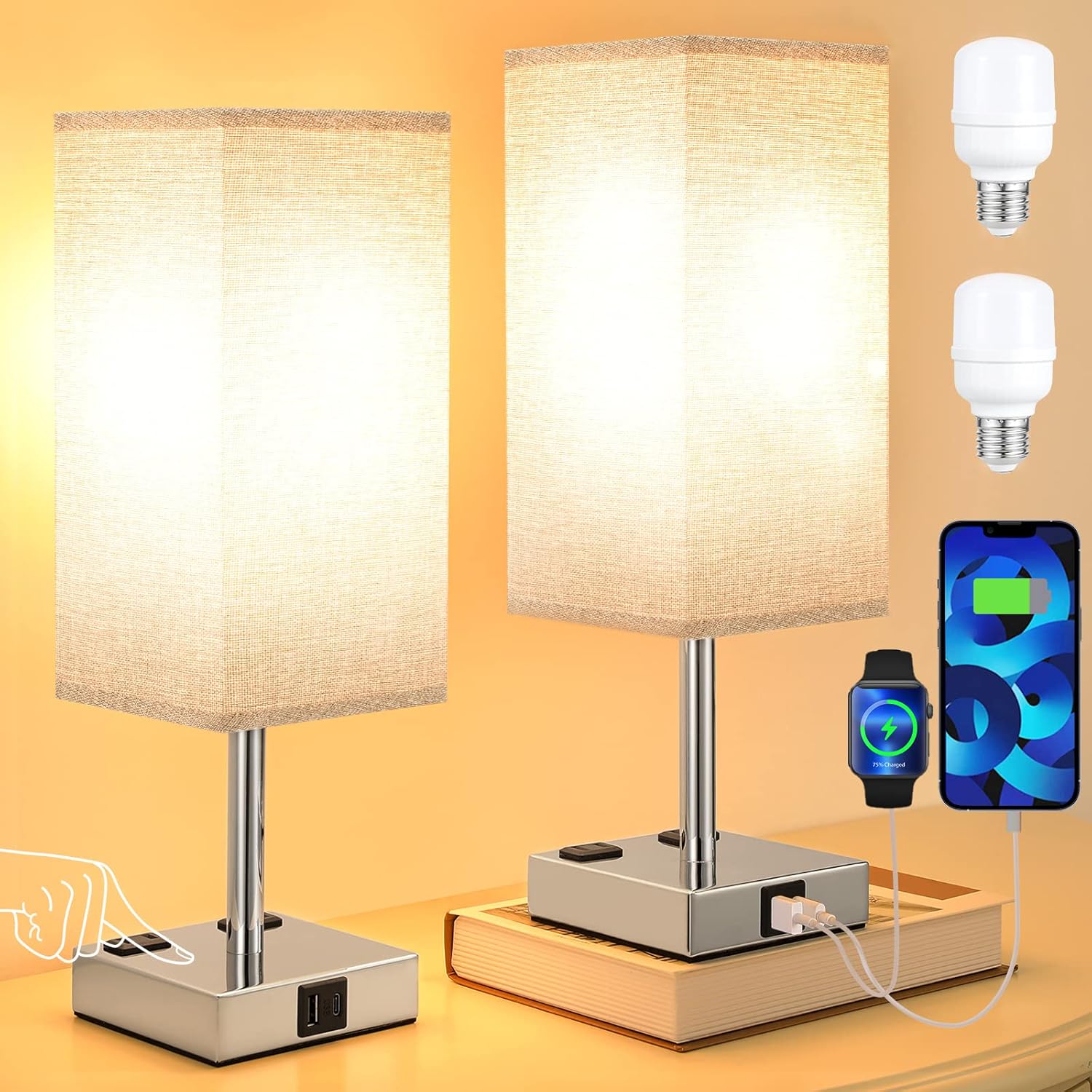 Dimmable Beige Bedside Lamp — Set of 2 — Gray-Silver