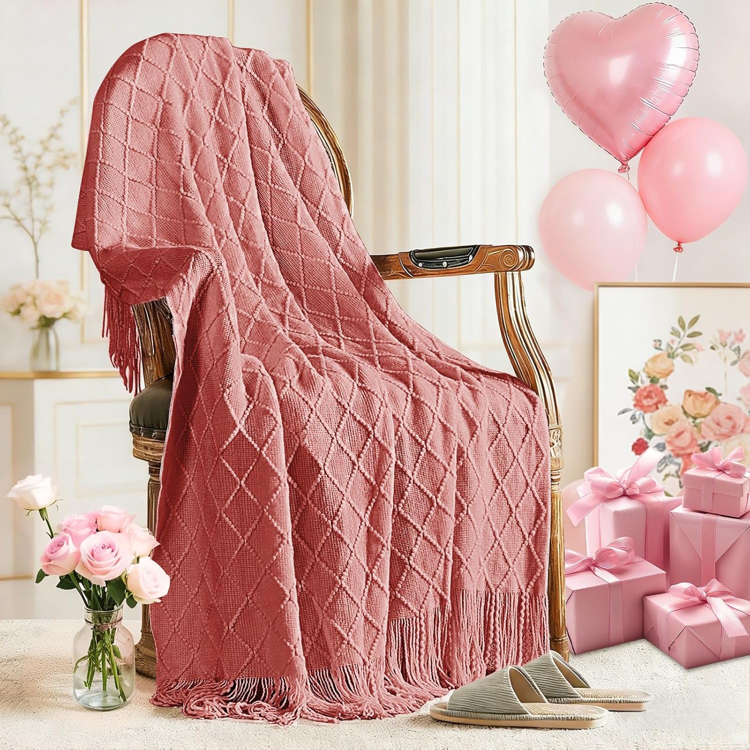Boho Beige Throw Pillow — 50" — Coral Pink