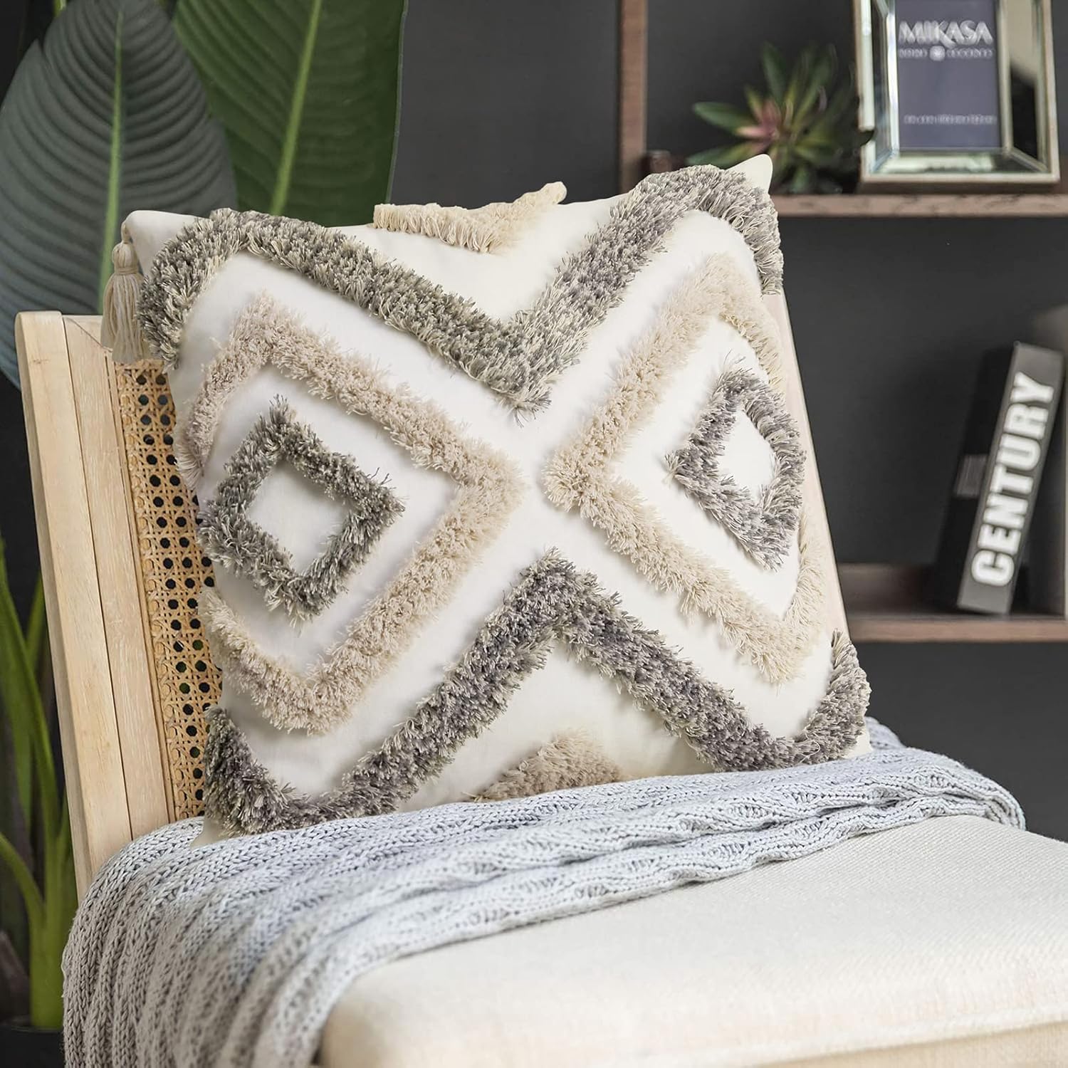 Tufted Boho Blue Pillow Cover — 18" — Grey and White 1