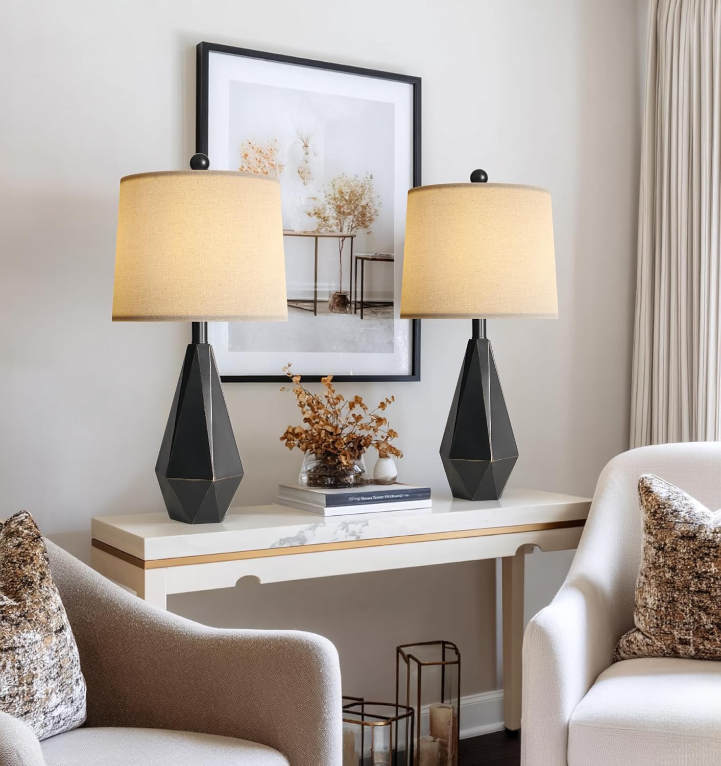 Linen Farmhouse Black Nightstand Lamp — 20.25" — Black with Gold