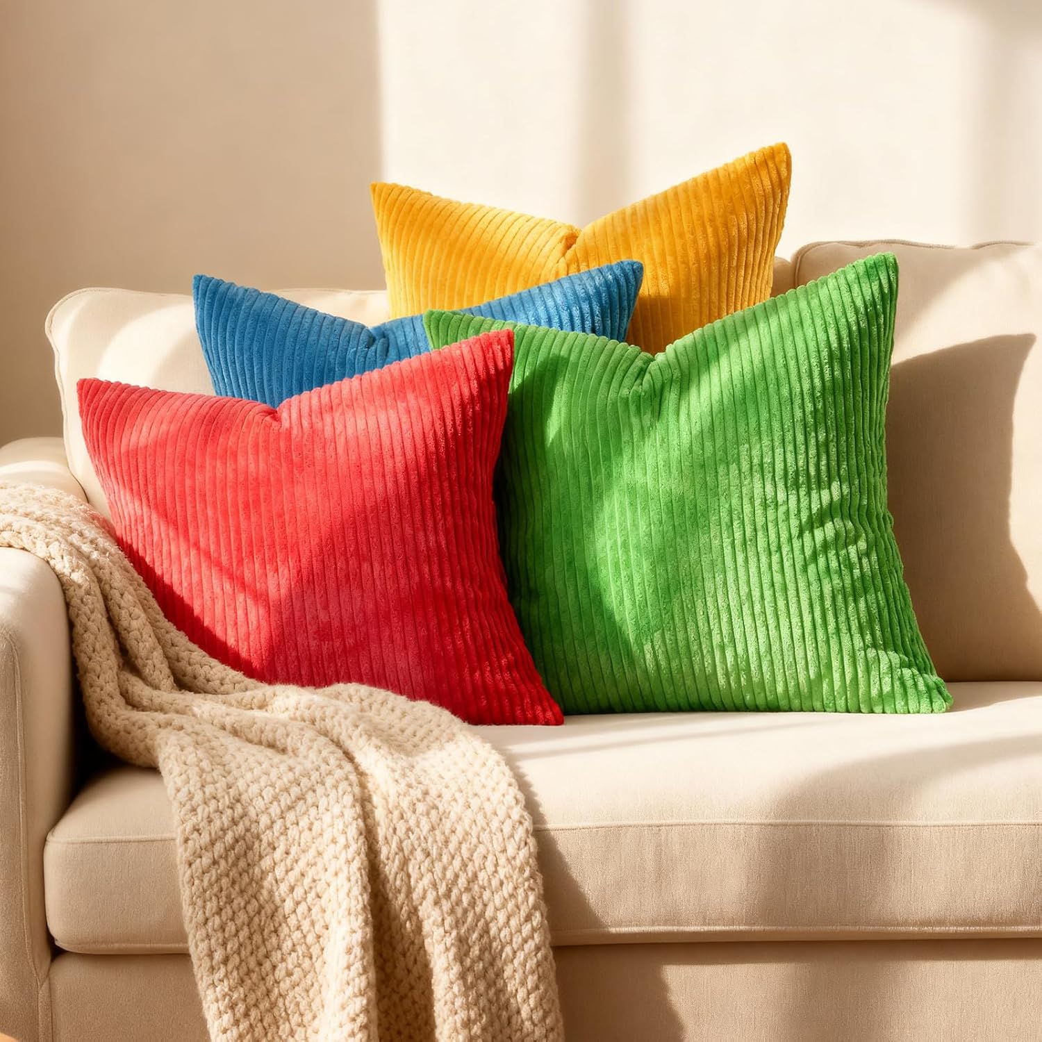 Boho Beige Throw Pillow Cover — 18" — Yellow/Blue