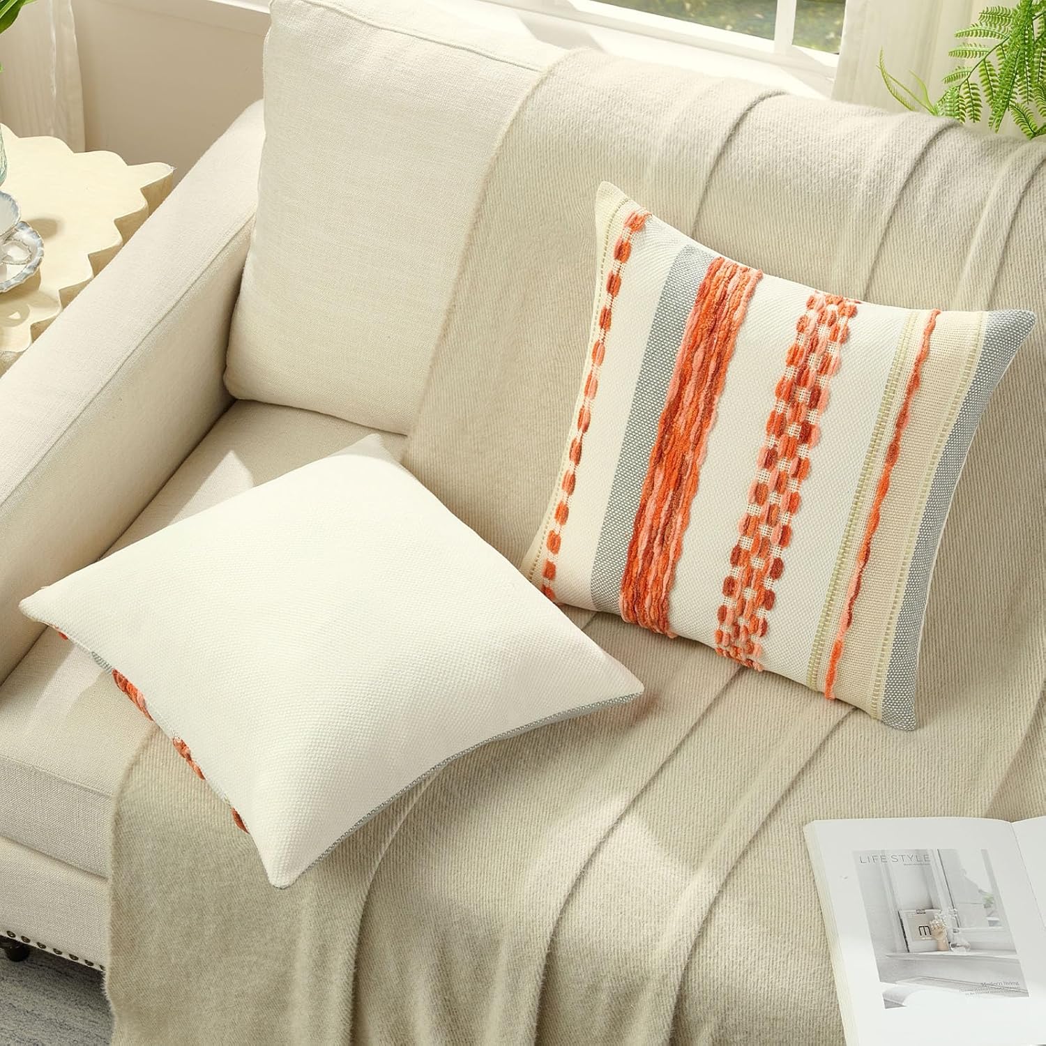 Tufted Boho Beige Throw Pillow Cover — 18" - View 4